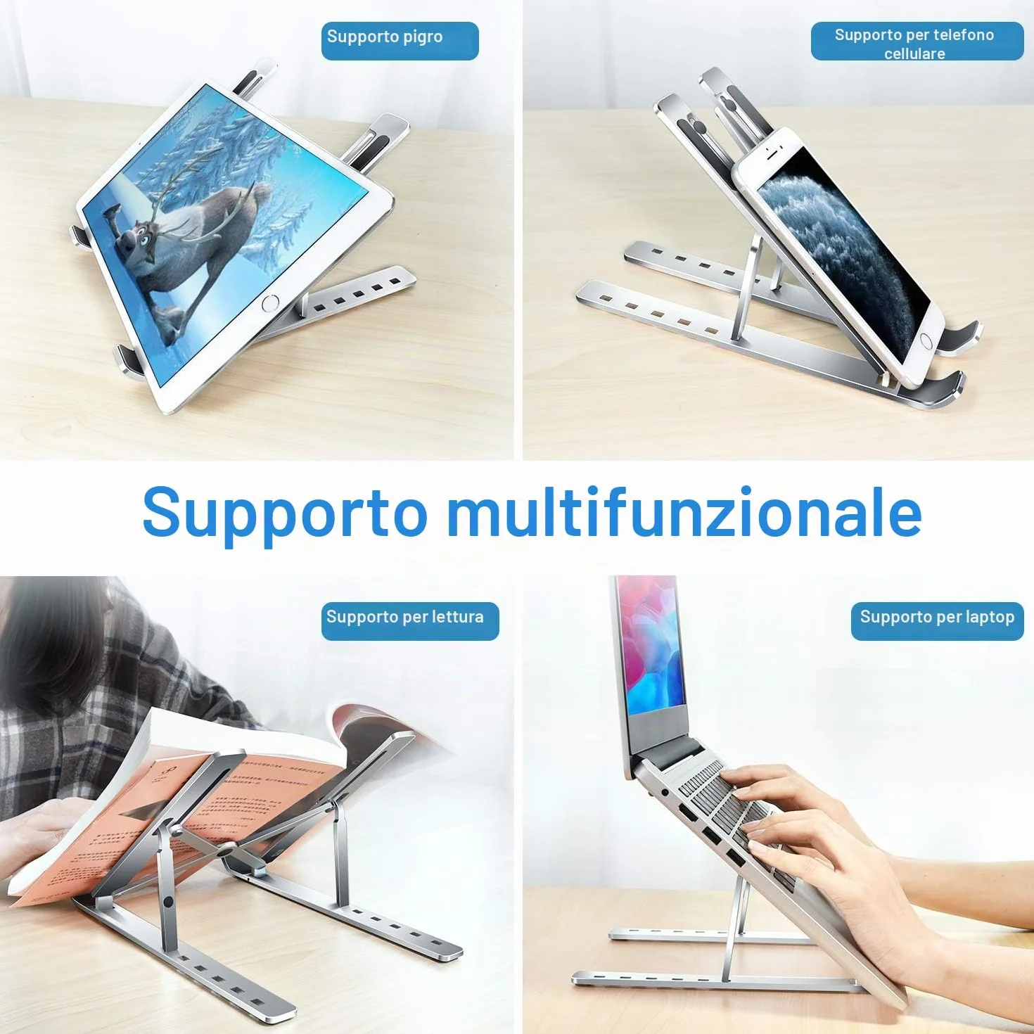 iVoler Supporto PC Portatile, Porta PC Pieghevole, Laptop Stand con 6 Tipi di Angoli Regolabili, Alluminio Ventilato Supporto per Porta Computer/MacBook/PRO/Air/iPad Laptop, 10-15,6" - Argento
