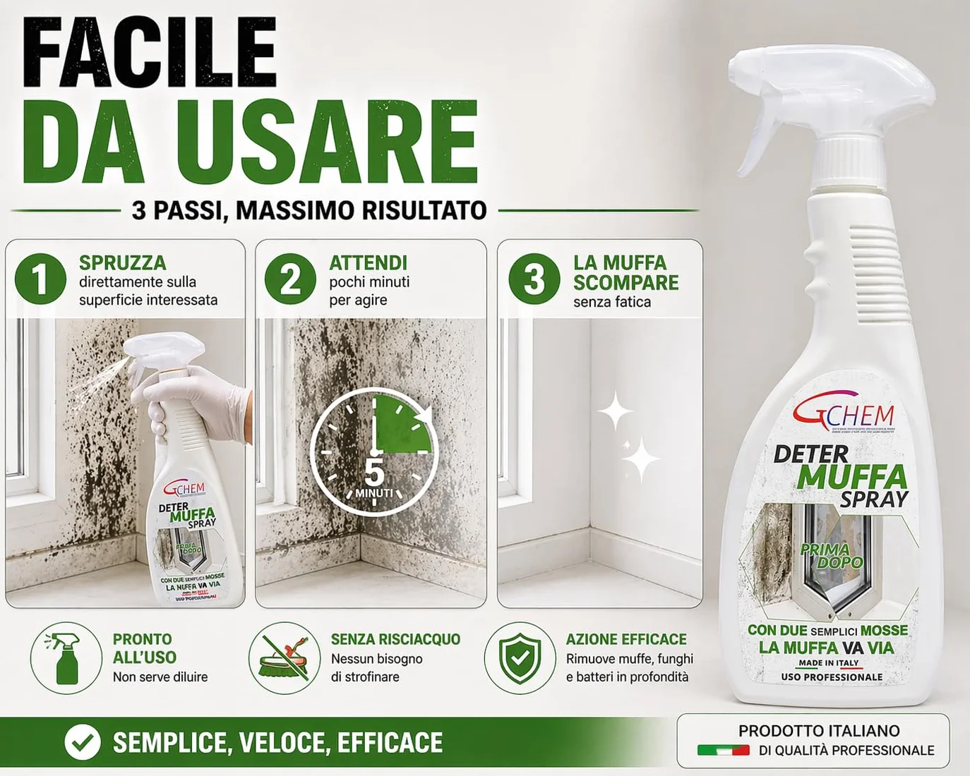 DETERMUFFA Spray Antimuffa 750 ml per Muri Interni ed Esterni, Azione Prolungata