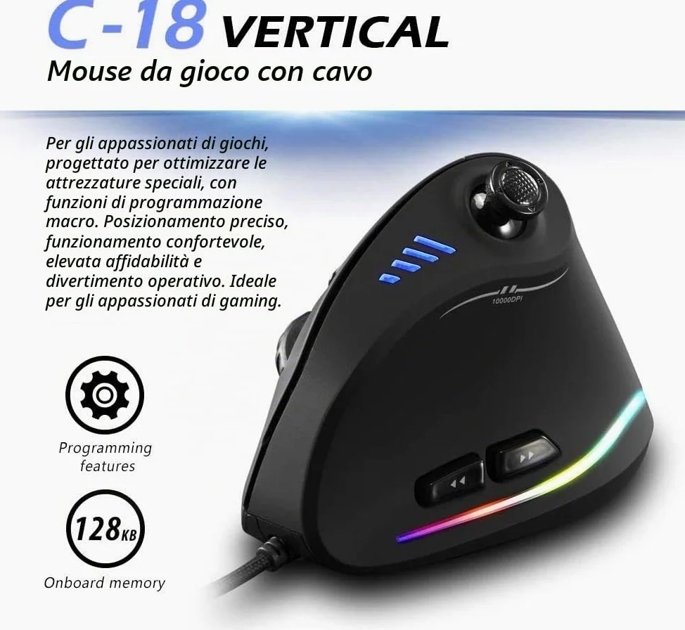 Zelotes Mouse verticale con barra di controllo, mouse ergonomico 10.000 dpi, 11 pulsanti RGB, mouse da gioco cablato ottico per computer portatile, PC, nero