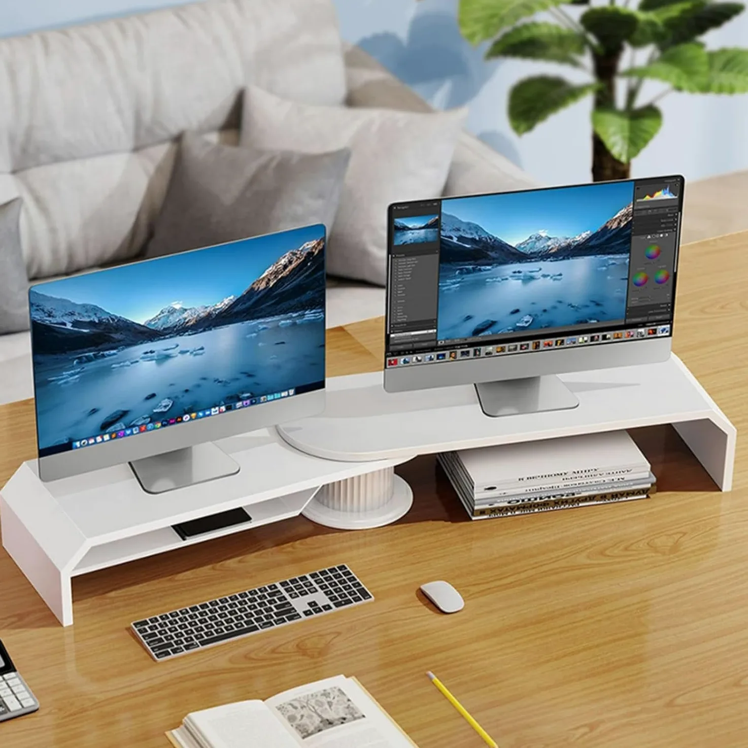 Supporto per Monitor angolare Pieghevole, Supporto Doppio per Monitor per Angolo o scrivania, Supporti per Display in Metallo per Uso su Tavolo, Lunghezza da 48 a 55 Pollici, supp