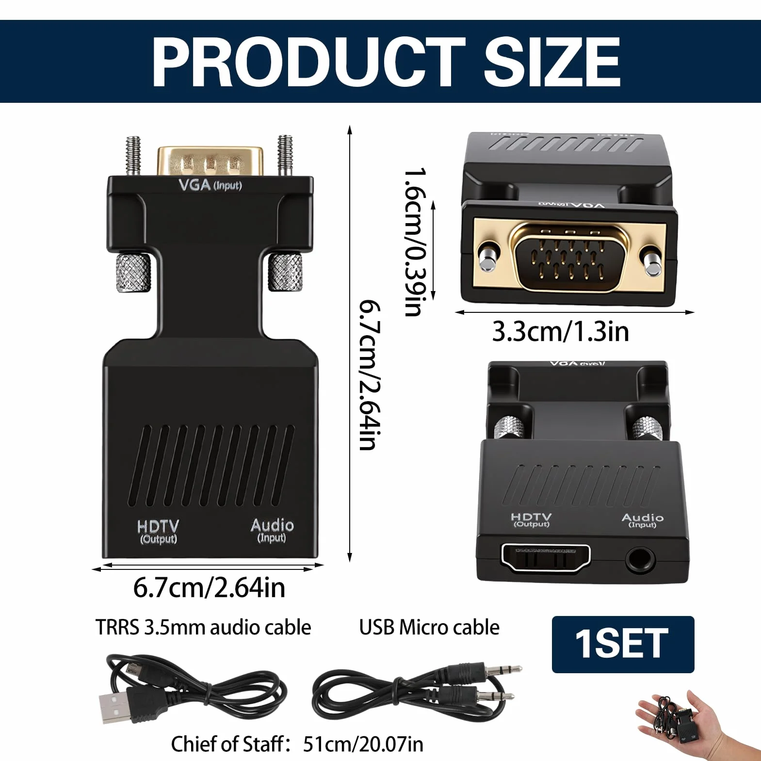 Adattatore VGA a HDMI con audio 1080P Convertitore VGA maschio a HDMI femmina con jack da 3,5 mm e cavo di alimentazione USB, unidirezionale per PC, laptop, TV, monitor, proiettore