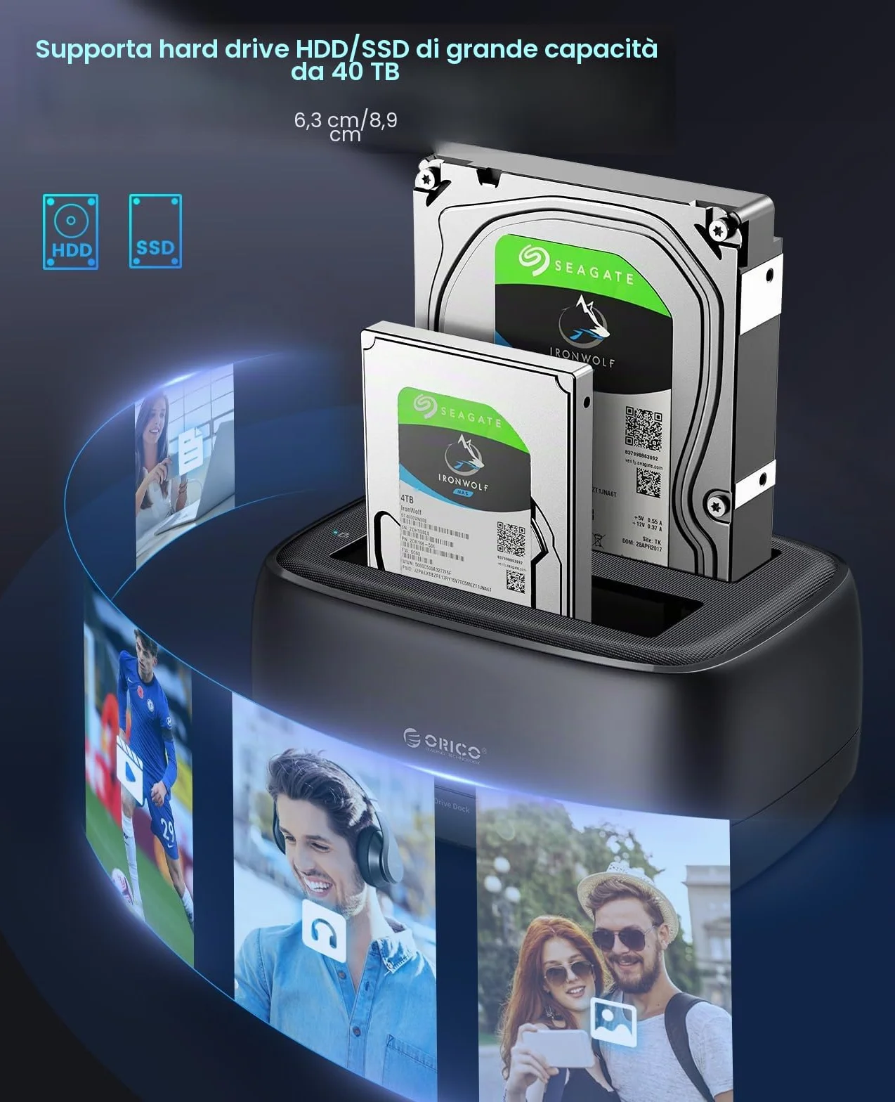 ORICO Hard Disk Docking Station USB 3.0 SATA 2 Slot per HDD/SSD 2.5 e 3.5 pollici Supporto UASP 20TB