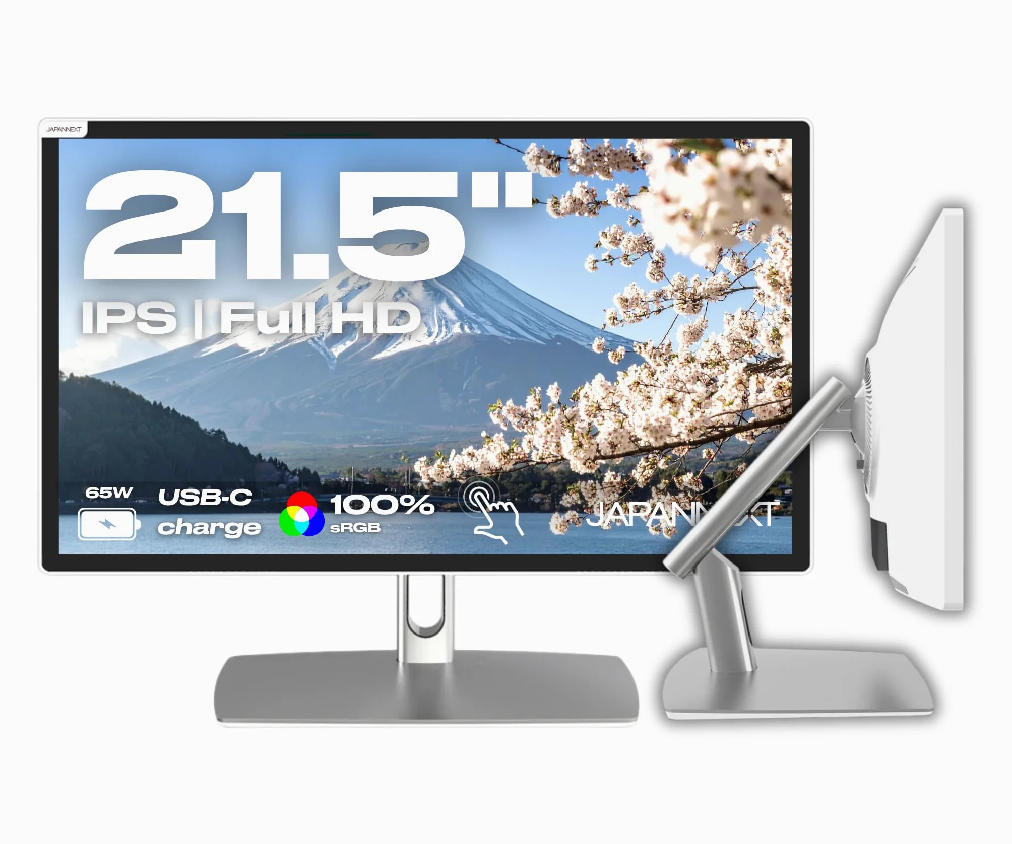 JapanNext Monitor Tattile Bianco 21.5" IPS con braccio articolato | Full HD (1920x1080) | HDR | Ricarica via USB-C(65W) Altezza e inclinazione regolabili | JN-IPS2152FHDR-C65W-FLD-T