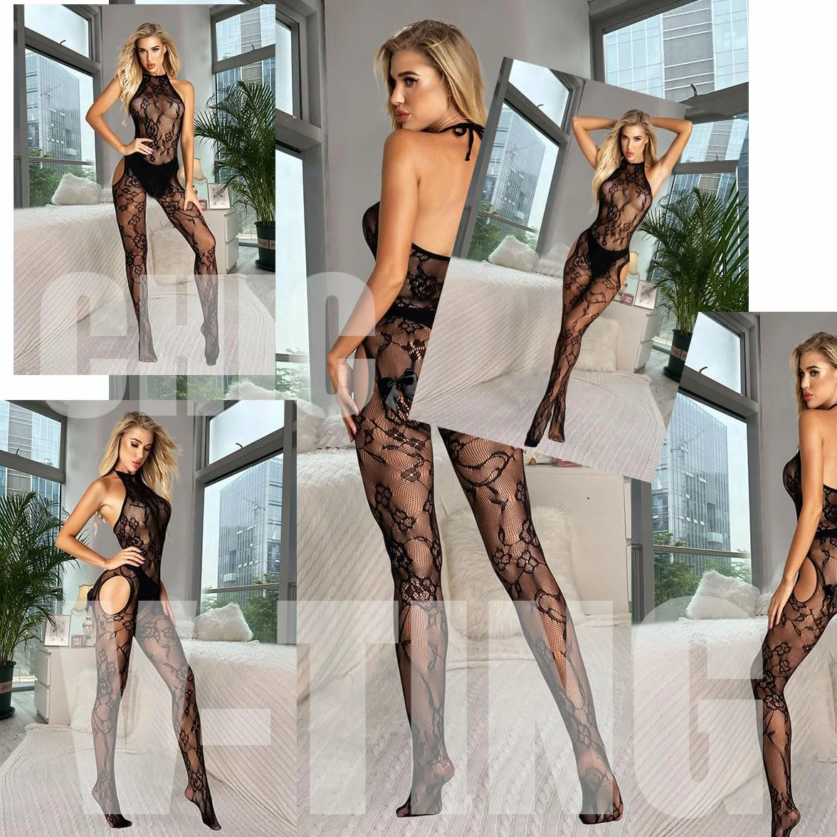 V-Ting vestito sexy da donna bodystocking Fishnet collant aperto Nero BOW S-L
