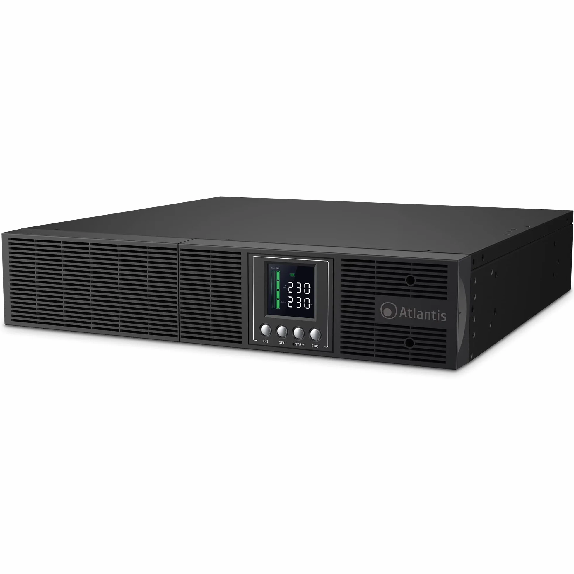 Atlantis Gruppo di Continuità UPS Online Rack 1500VA/1350W doppia conversio | onda sinusoidale pura, server, LCD, USB, RS232, 8 IEC, slot SNMP, 3 batterie 12V 9Ah, cod. A03-OP1502P-RC