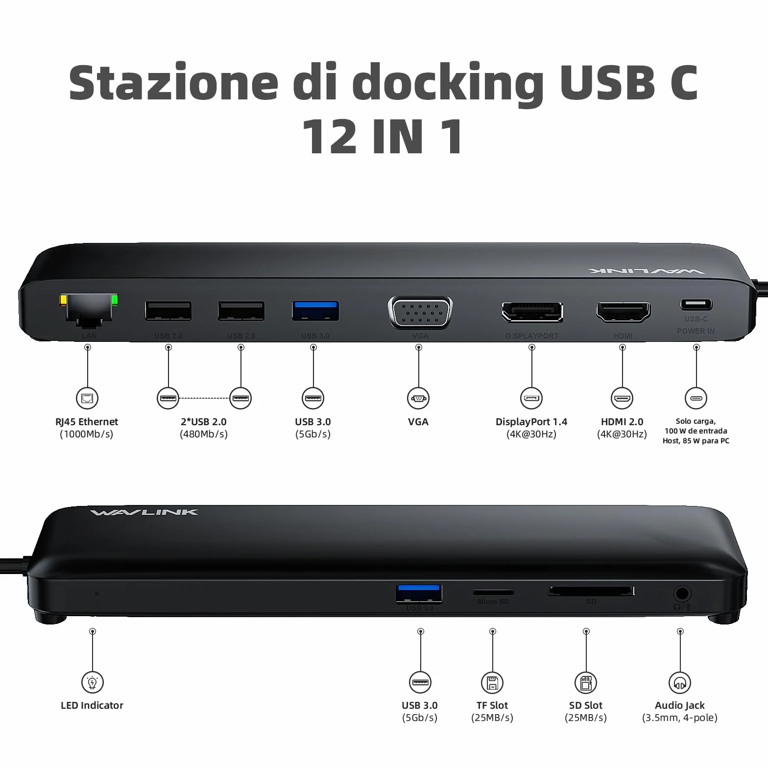 WAVLINK Docking station USB C 3 monitor, docking station con HDMI, DP, VGA, 100W PD, USB3.0&2.0, RJ45, slot SD/TF, audio/microfono, per Lenovo/HP/Dell, ecc. Nero