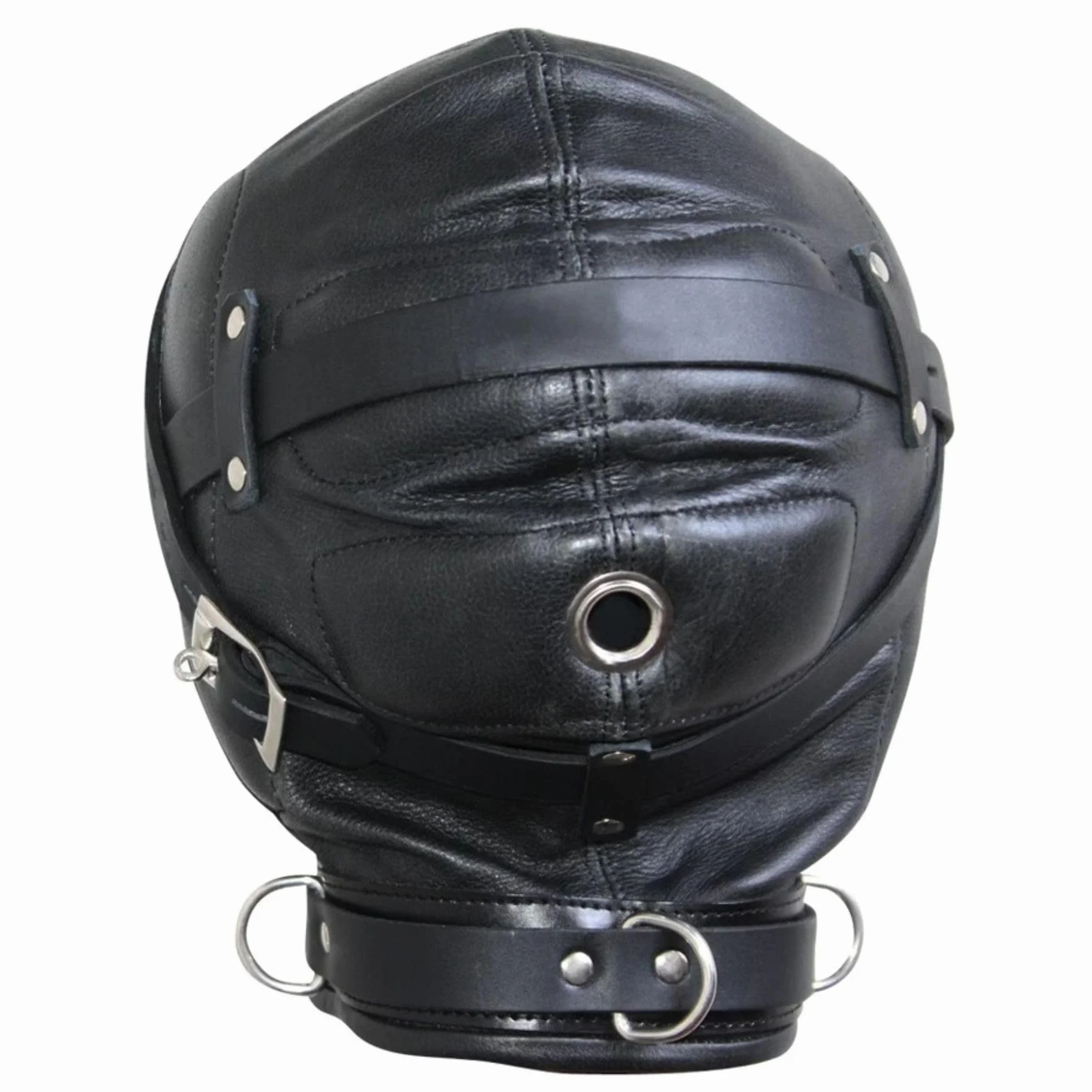 Maschera di Contenimento in Pelle Nera Regolabile con Fibbie in Metallo