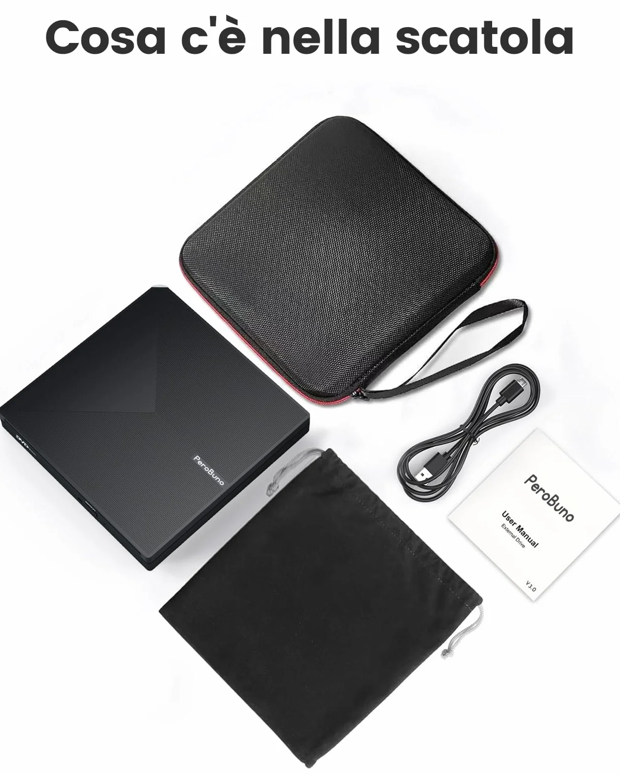 PeroBuno Unità CD DVD Esterne, USB 3.0 e Tipo C Masterizzatore CD Esterno, CD/DVD -/+RW Lettore CD DVD Esterno per PC Laptop Desktop iMac MacBook Pro/Air Windows 11/10/8/7/XP Linux Mac OS con Custodia