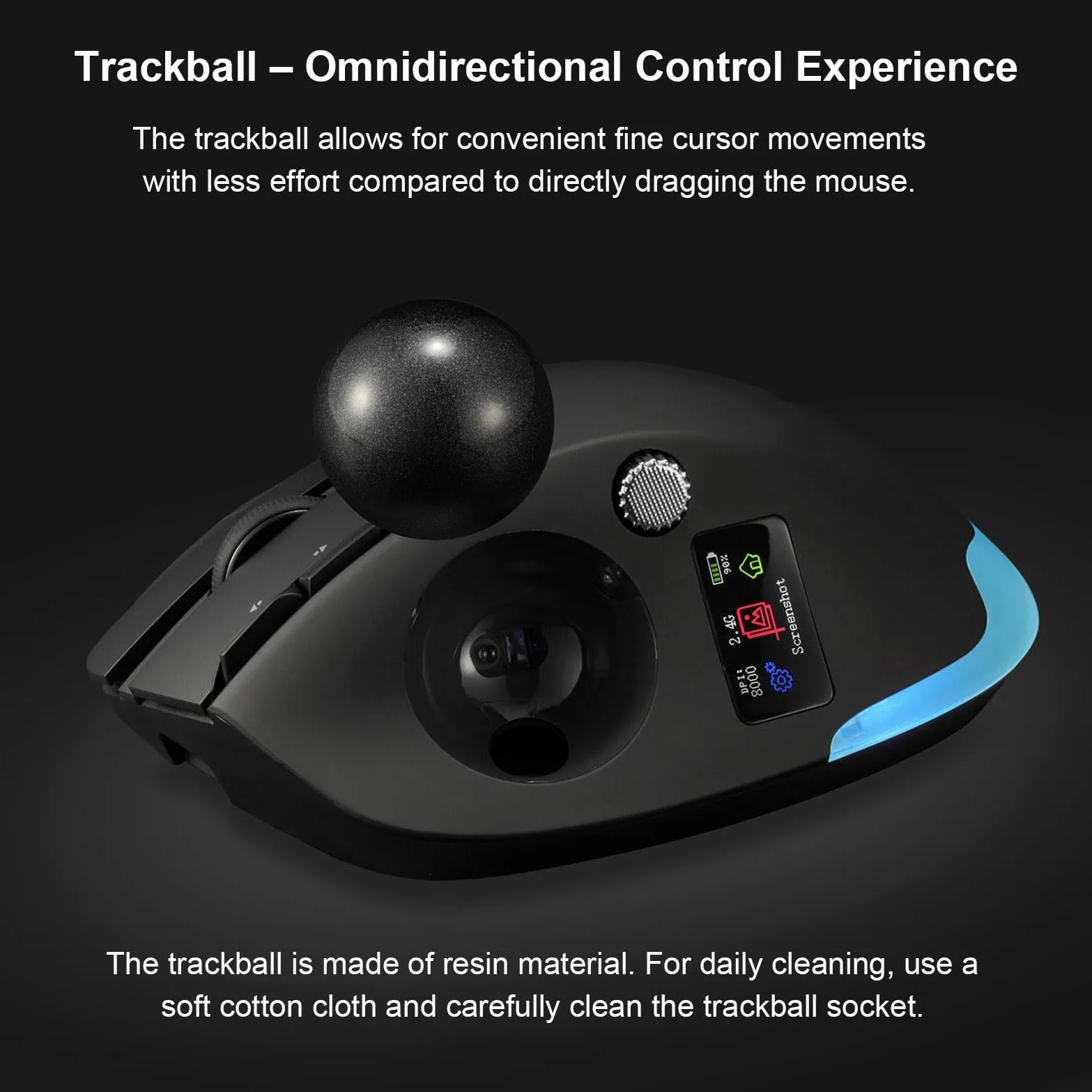 Mouse con Trackball Senza Fili (BLACK) | con Display LCD Silenzioso 8000 DPI 8 Pulsanti Retroilluminazione RGB Batteria da 730 MAh per la Progettazione di Lavori di