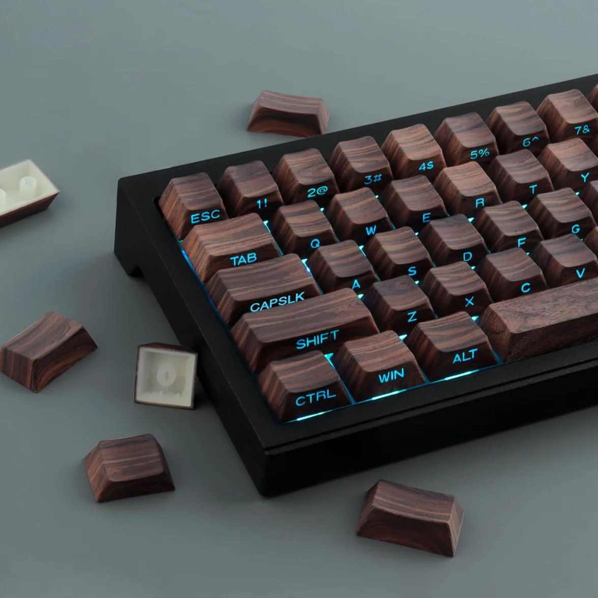 JakeTsai Copritasti con stampa laterale-PBT, Texture noce, Shine Through, Copritasti Double Shot 75 percento, dye-sub, Copritasti Cherry Profile per Gateron MX Switches Tastiera Meccanica