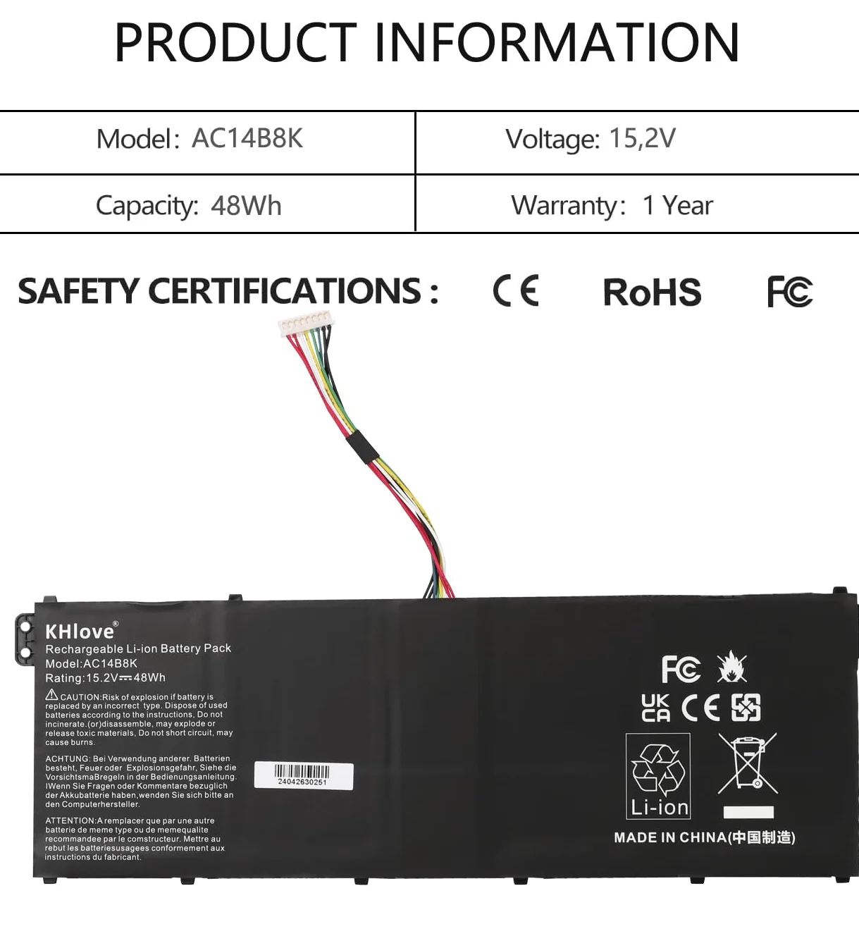 AC14B8K 4ICP5/57/80 - Batteria per PC portatile Acer Aspire R11 R3-131T R5-471T R7-372T R7-371T R5-571T E5-721 E5-731 E5-771G E5-731G ES1-5721-5721G ES1-7. 11 ES1-711G A515-51G A515-52G