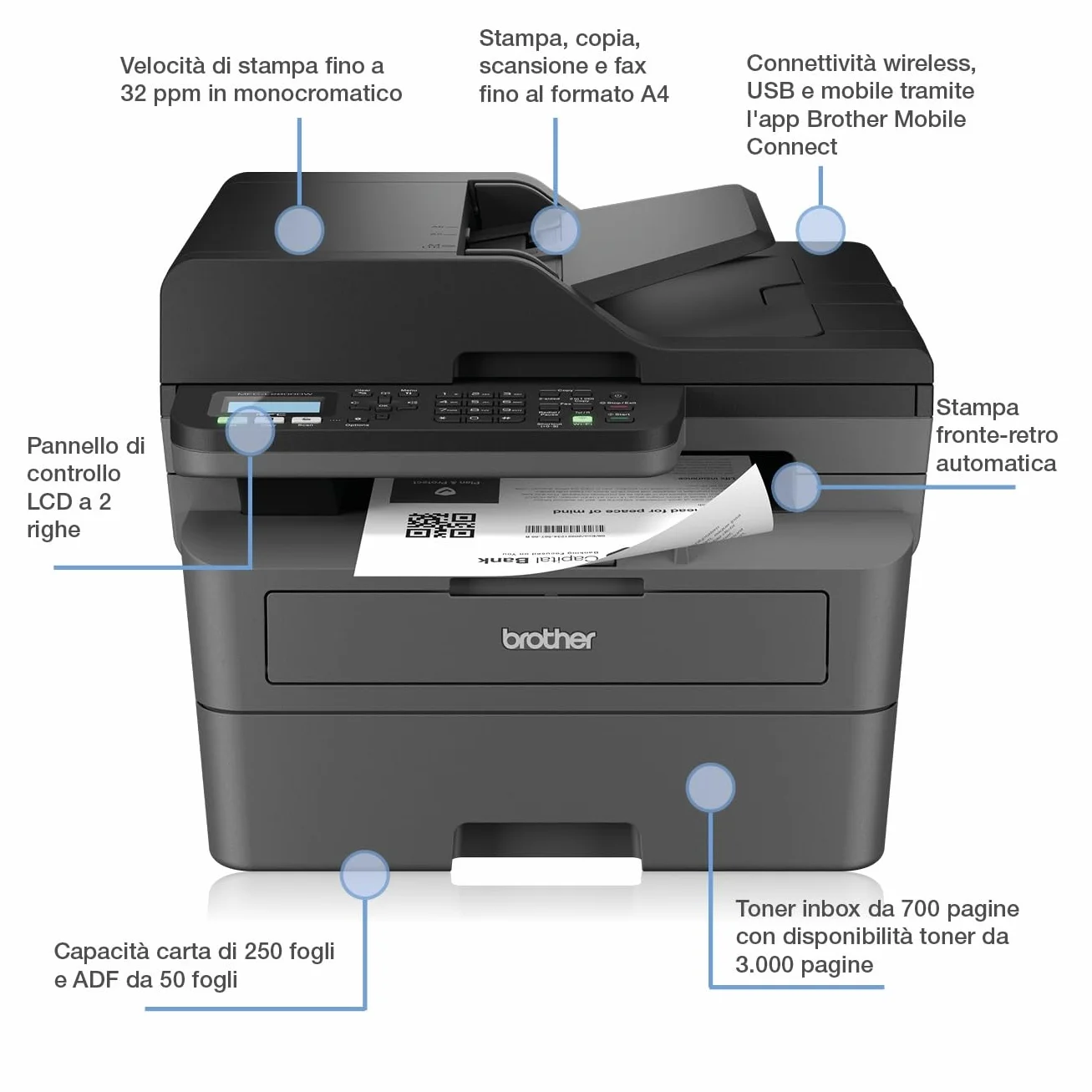 Brother MFCL2800DW Multifunzione Laser Monocromatica B/N 32 ppm Stampa Fronte/Retro WiFi LAN USB