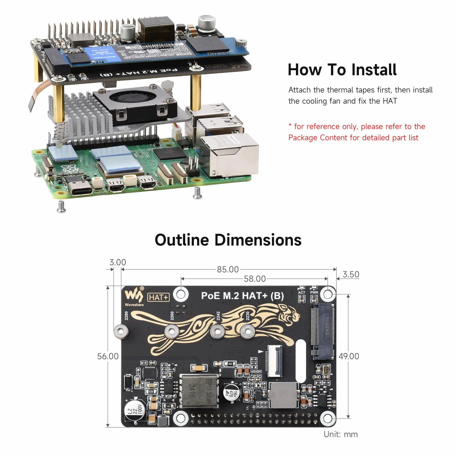 Waveshare PCIe to M.2 Adapter with PoE Function HAT+ (B), Compatible with Raspberry Pi 5, Supports POE NVMe Drive Protocol 2230/2242 / 2260/2280 M.2 Solid State Drive, High-Speed Reading/Writing
