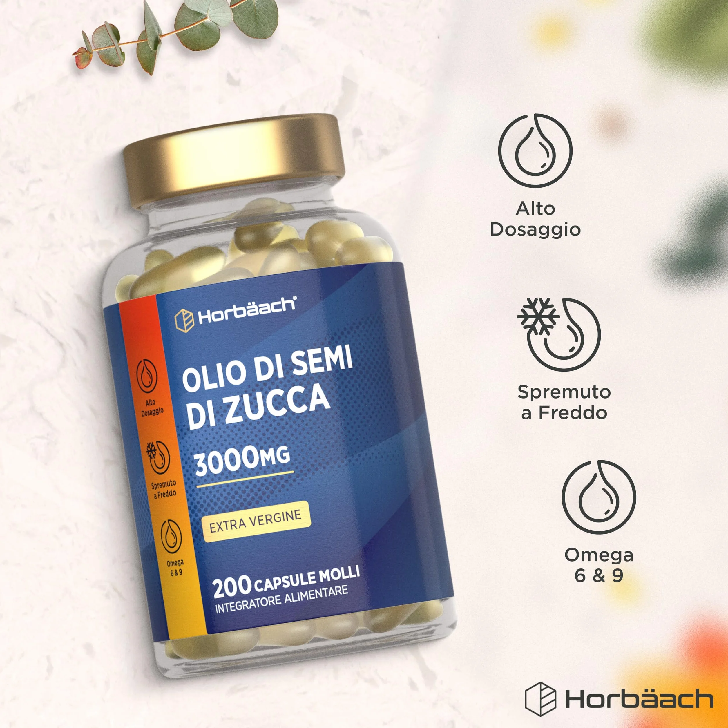 Olio di Semi di Zucca Capsule 3000 mg Horbaach Integratore 200 capsule molli
