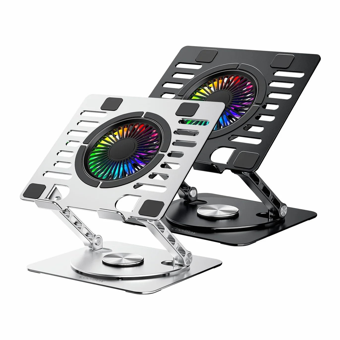 CoolAir Supporto per Tablet/Laptop 17,3" con Ventola Silenziosa RGB 11 cm, Base Regolabile Altezza e Rotazione 360°, Alluminio