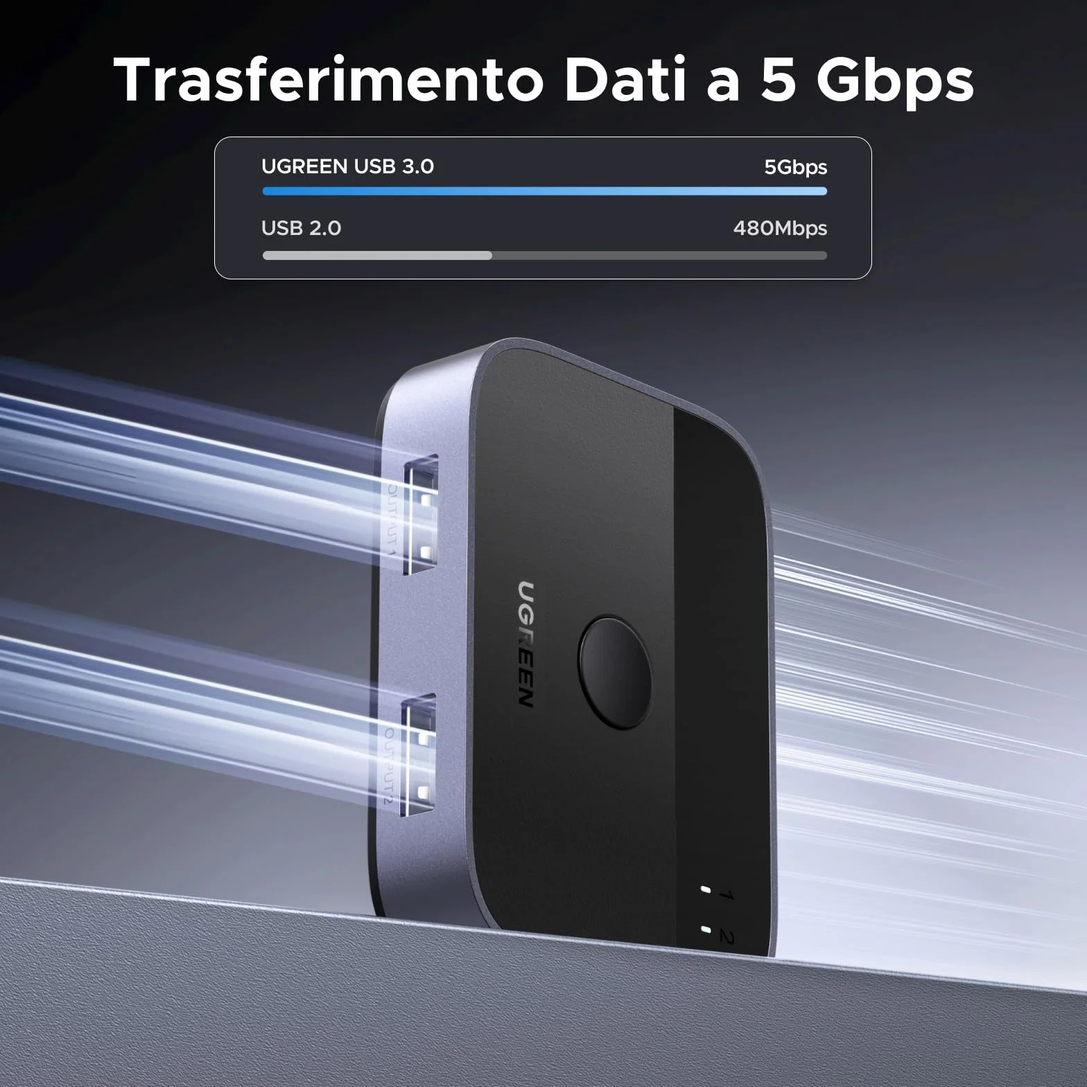 UGREEN Switch USB 3.0 5Gbps KVM Switcher 2 Porte per 2 PC Interruttore 2 Ingressi 2 Uscite Alluminio per Tastiera Mouse Chiave Disco Rigido Esterno Stampante Scanner 2 Cavi 3.0 Inclusi