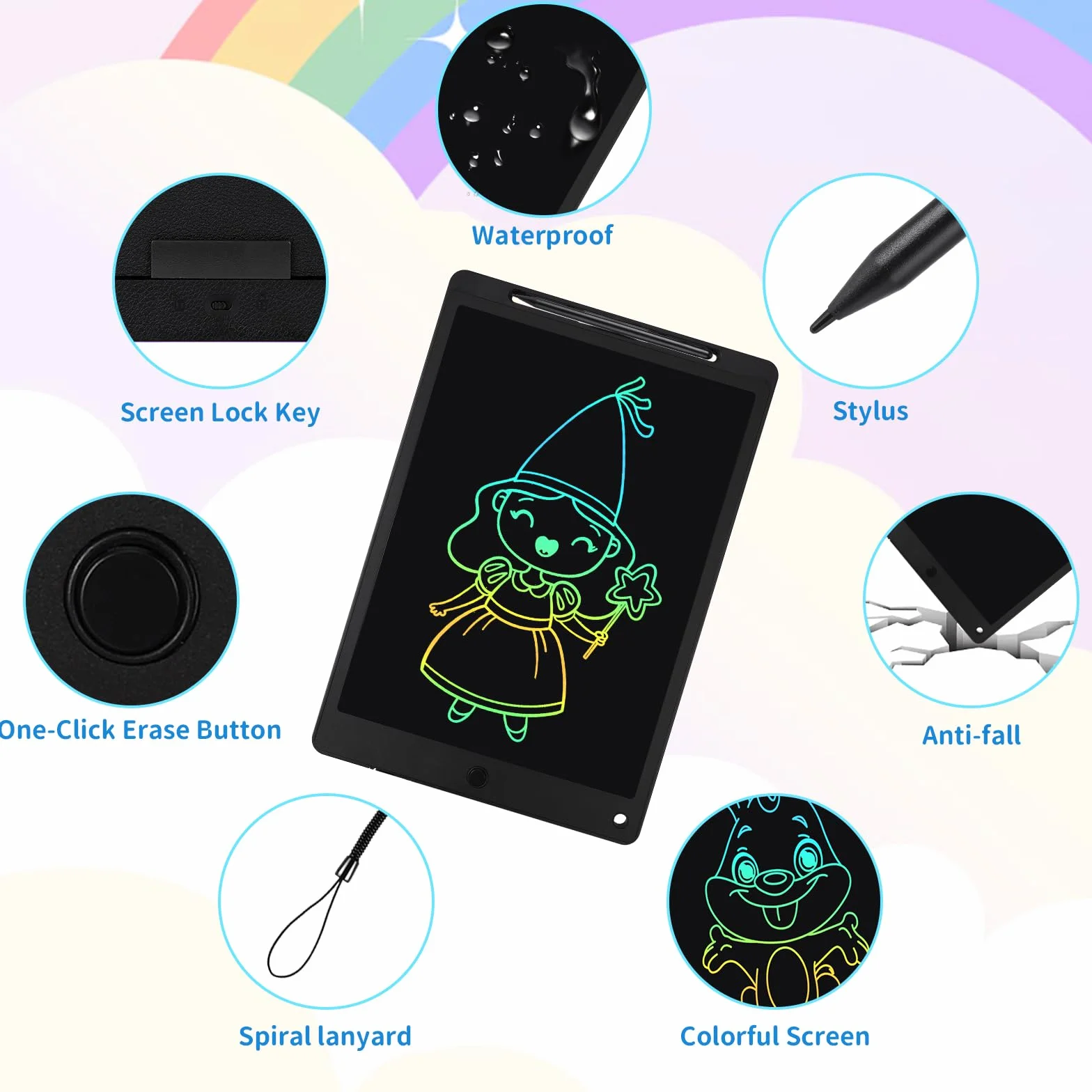Tavoletta Grafica LCD 13 Pollici per Bambini con Schermo Scrittura, Pulsante Elimina e Blocco - Nero