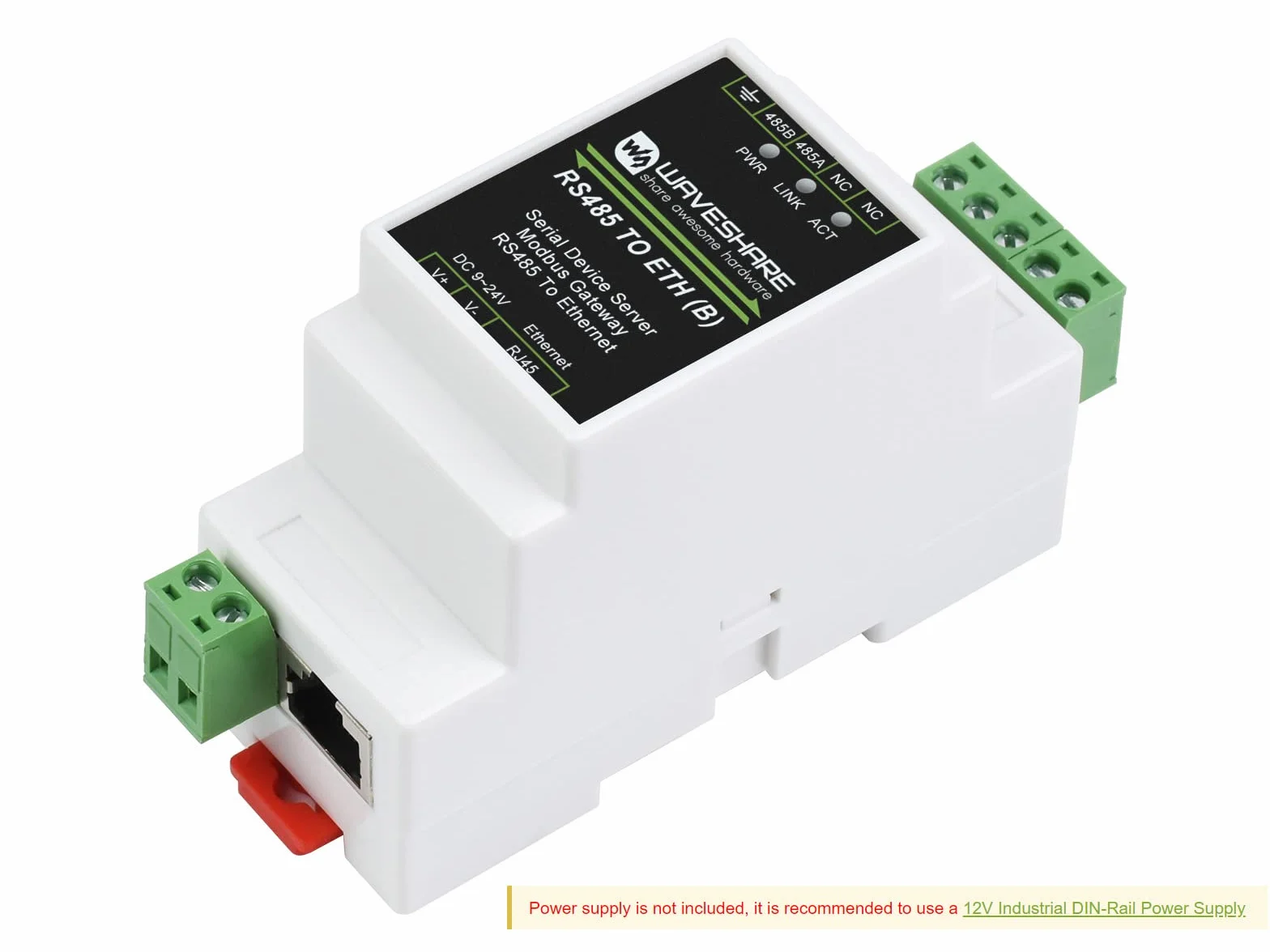 Waveshare Industrial Serial Server RS485 to RJ45 Ethernet TCP/IP Modbus Gateway Rail-Mount
