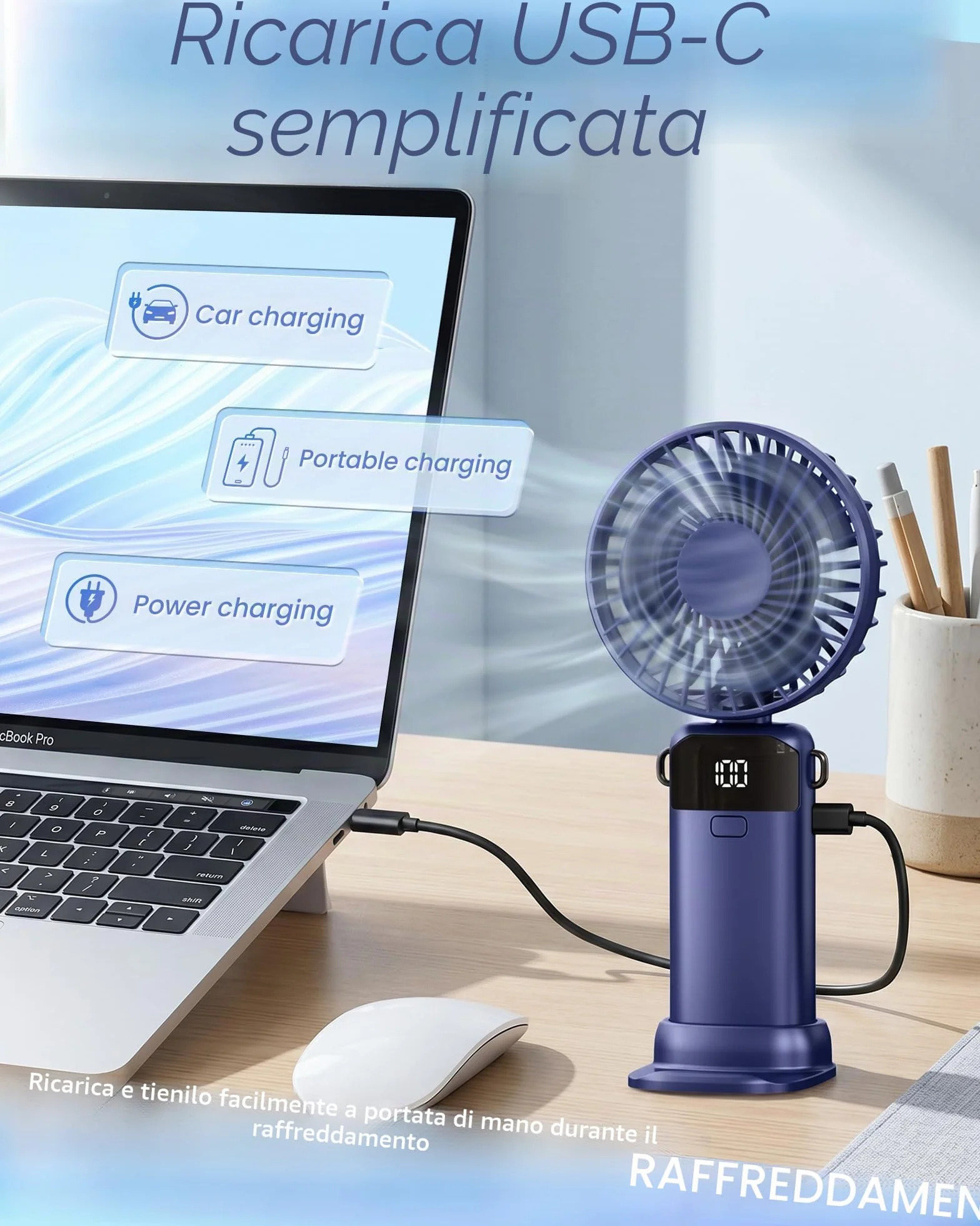 Ventilatore Portatile USB Ricaricabile 5000mAh, Mini Ventilatore Portatile con 5 Velocità, Display LED, Ventilatore da Tavolo Pieghevole con Supporto, Spegnimento Automatico, da Viaggio