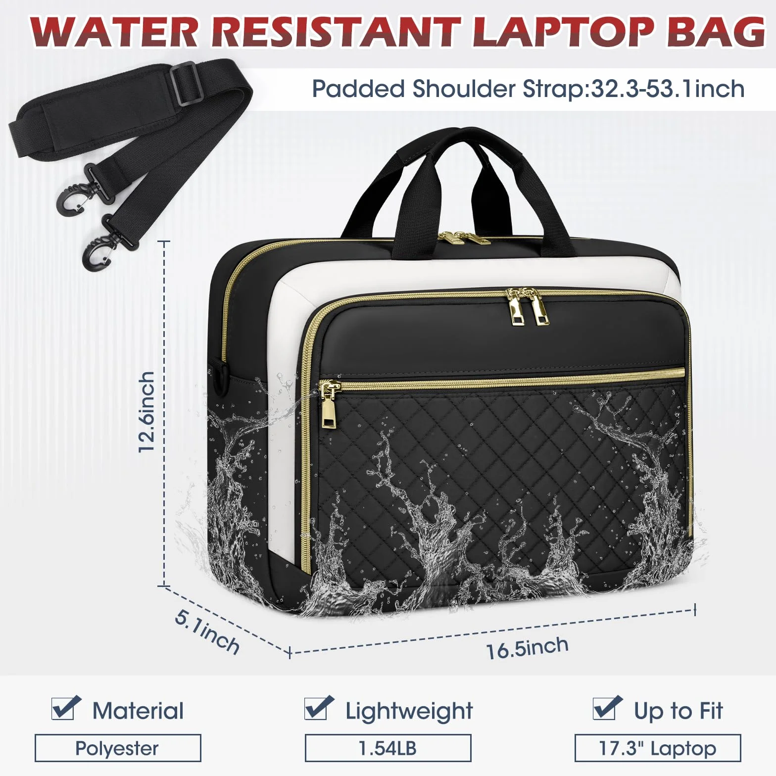 NEWHEY Borsa Porta PC 17.3 Pollici Borsa da Lavoro Donna Impermeabile Borsa Computer Grande Borsa Messenger Valigetta Portadocumenti Tracolla per Ufficio, Università, Scuola，Nero e beige