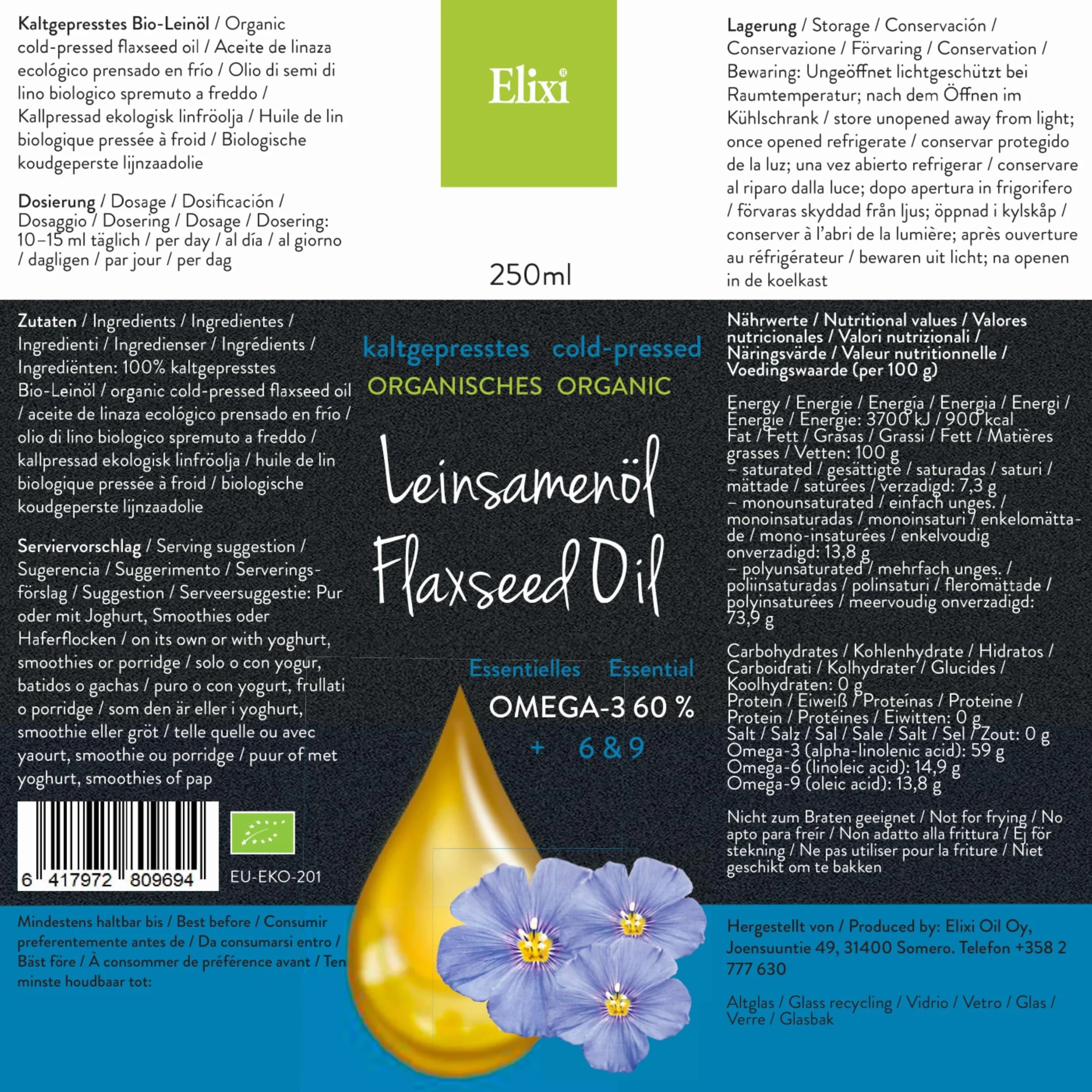 Elixi Olej lniany bio tłoczony na zimno 2x250 ml 500 ml Omega 3 ALA 59% Vegano Finlandia