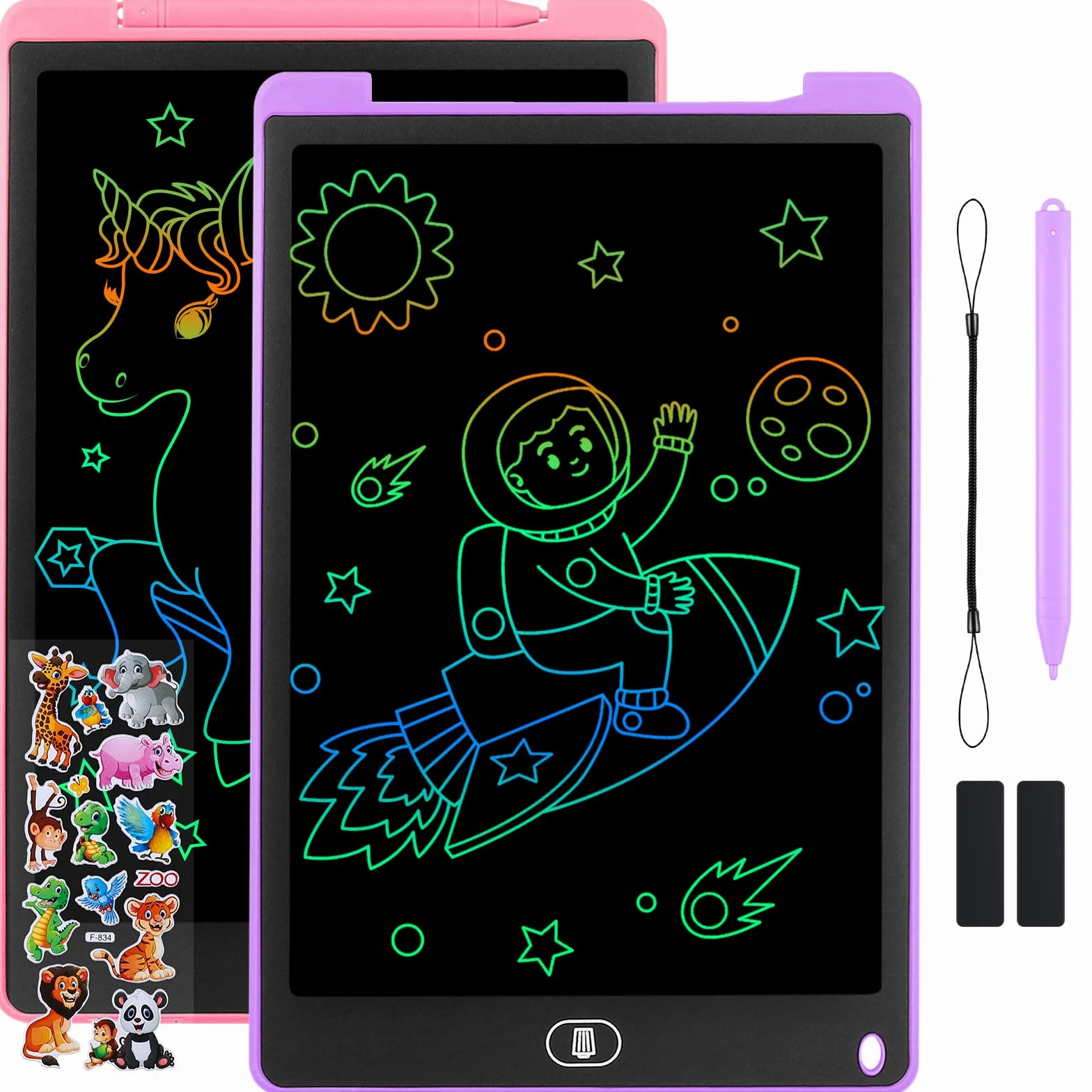 Tavoletta Grafica LCD 13 Pollici Schermo Colorato per Bambini, Taccuino Cancellabile con Adesivi Animali, Rosa e Viola, 2 Pezzi