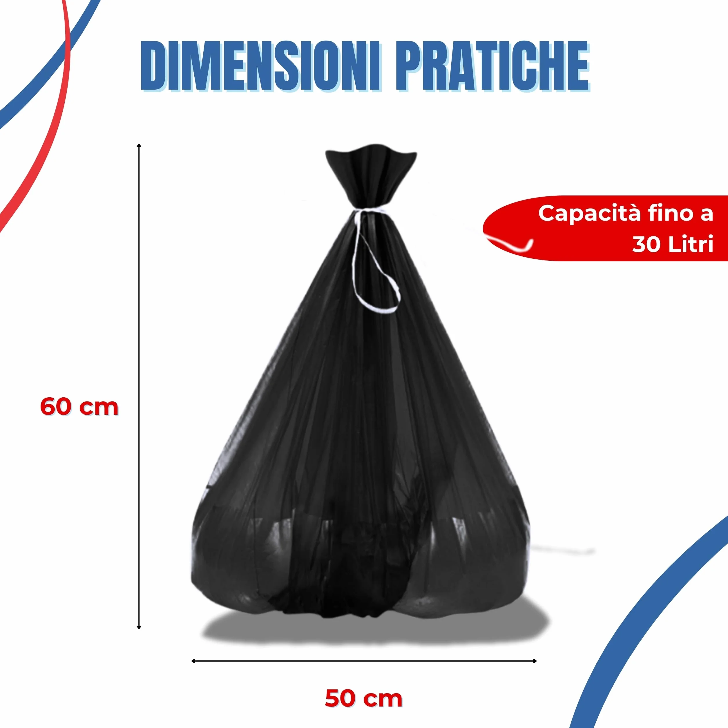 Bottari Sacchi Immondizia 30L 50x60 cm con Laccetti di Chiusura, Nero, 3 Rotoli da 20 Pezzi