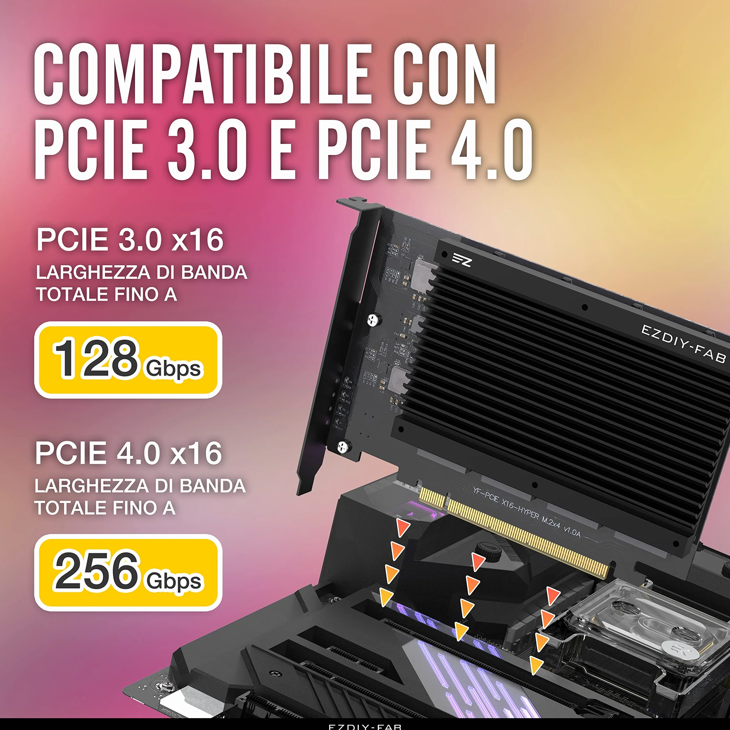 EZDIY-FAB Quad M.2 PCIe 4.0/3.0 X16 Scheda di Espansione con Dissipatore,Supporto di 4 SSD PCIe NVME M.2,RAID-on-CPU (VROC) in Piattaforma Intel e PCIe 4.0 RAID in Piattaforma AMD