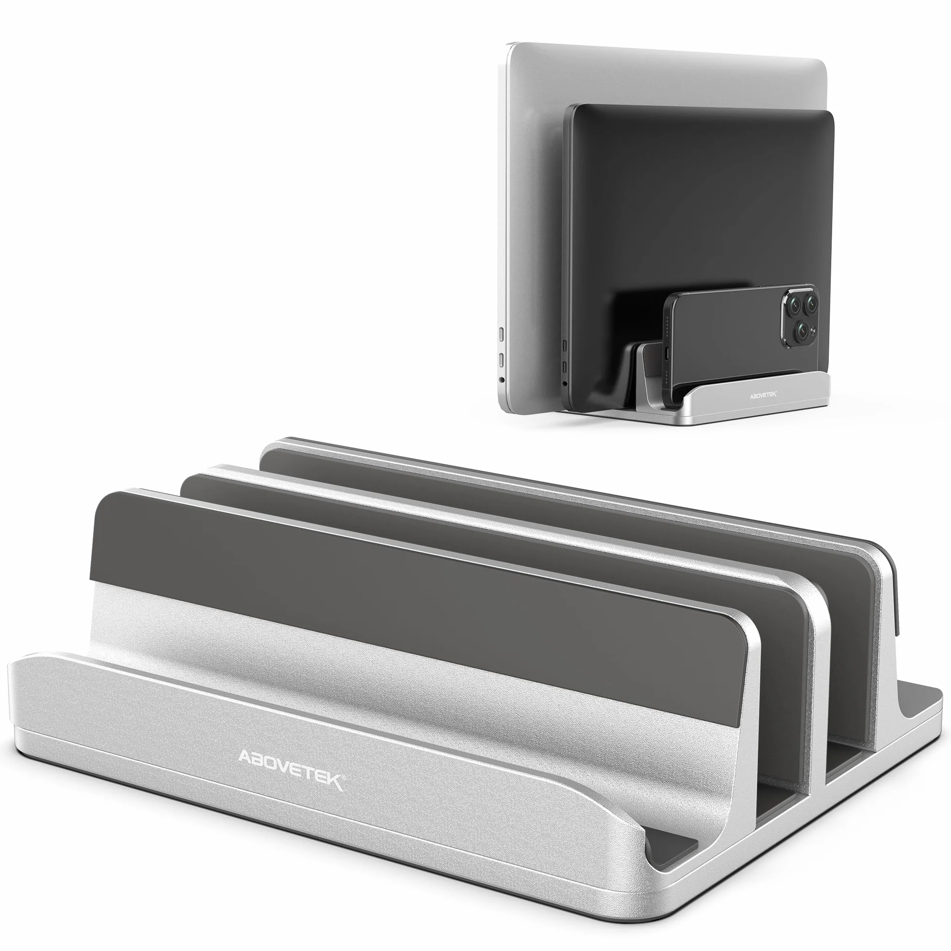 AboveTEK Supporto Laptop Verticale fino a 17,3 ", Porta per Laptop/Tablet/Cellulare 3 in 1 in Alluminio, Impugnature in Silicone Antiscivolo a 3 Slot per MacBook/Notebook/iPad/Telefono (Argento)