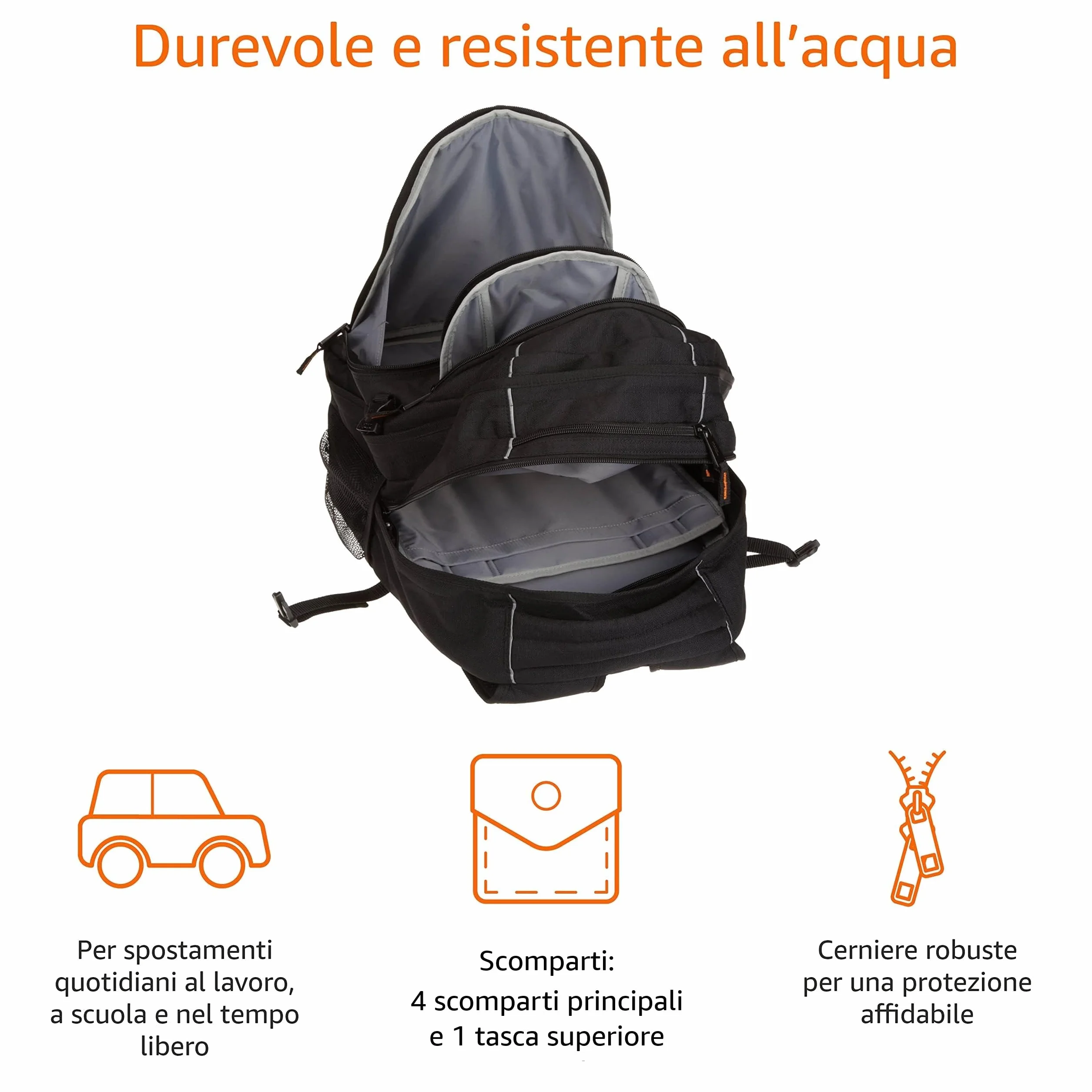 Amazon Basics Zaino per laptop con spallacci imbottiti e scomparti per tenere in ordine penne, chiavi, cellulare, adatto per la maggior parte dei computer da, Nero, 17-Pollici, 43 cm