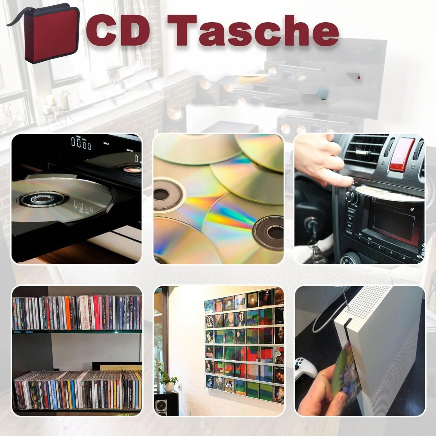 Borsa per CD, custodia per CD, custodie per CD, custodia per dischi CD DVD per 40 dischi, custodia per CD per auto e casa (rossa)