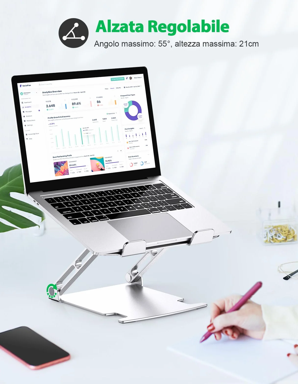 Glangeh Supporto PC Portatile Alluminio, Laptop Stand Multi-Angolo Regolabile Ergonomico, Porta PC Ventilato Raffreddamento Compatibile con MacBook Pro Air Tutti i Laptop 10-16"