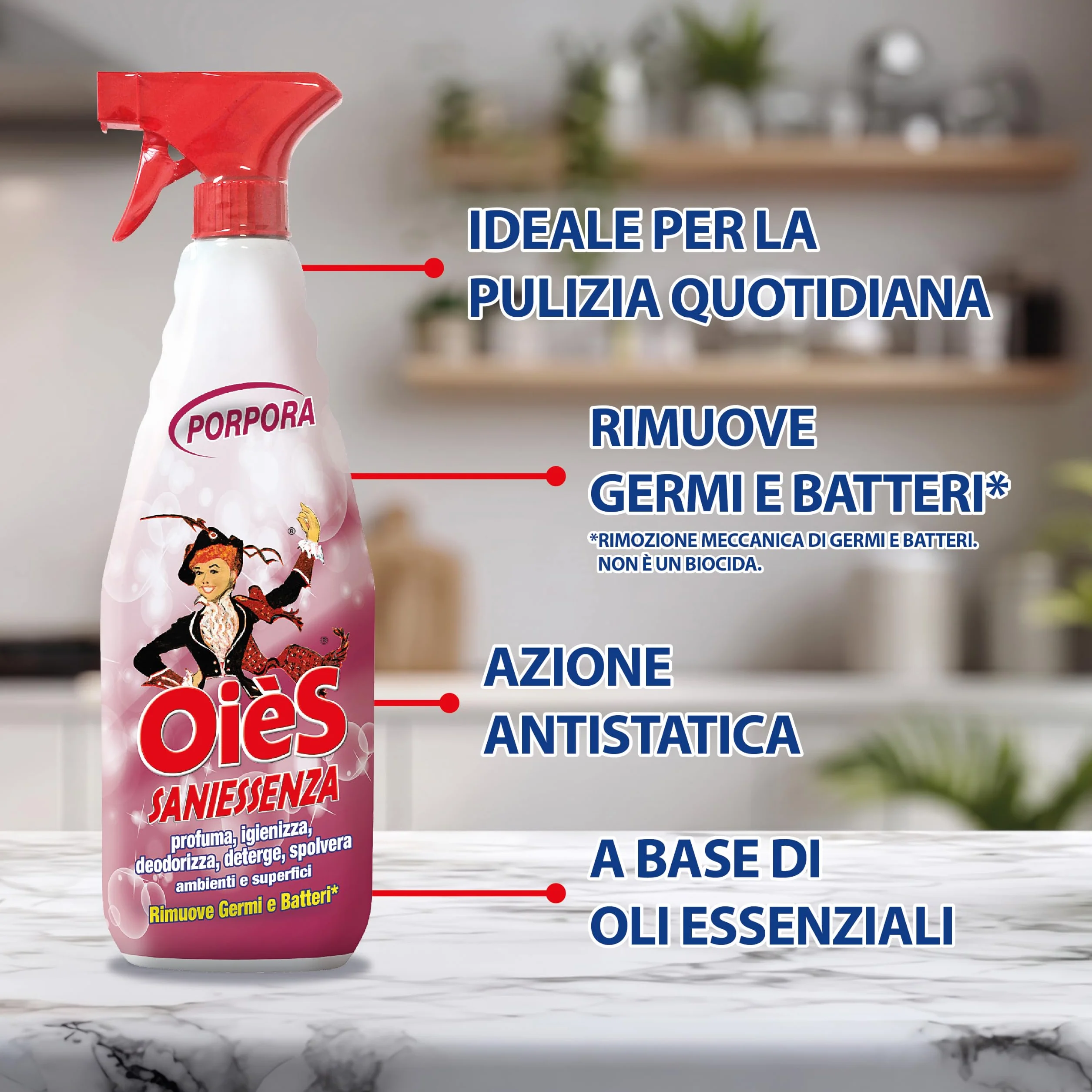 OièS Saniessenza Detergente Profumato 750 ml - Profumatore Ambiente 5 in 1 Spray Igienizzante Multiuso per Pavimenti e Superfici