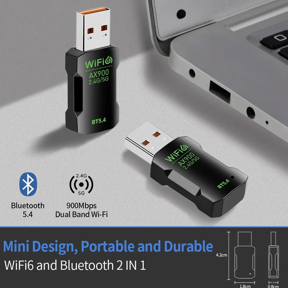 Adattatore WiFi 6 Bluetooth 5.4 USB 2in1, WiFi e Bluetooth dual band 2,4/5GHZ ax900Mbps per PC/laptop/desktop, mini USB senza driver, supporta Windows10/11 (802.11ax)