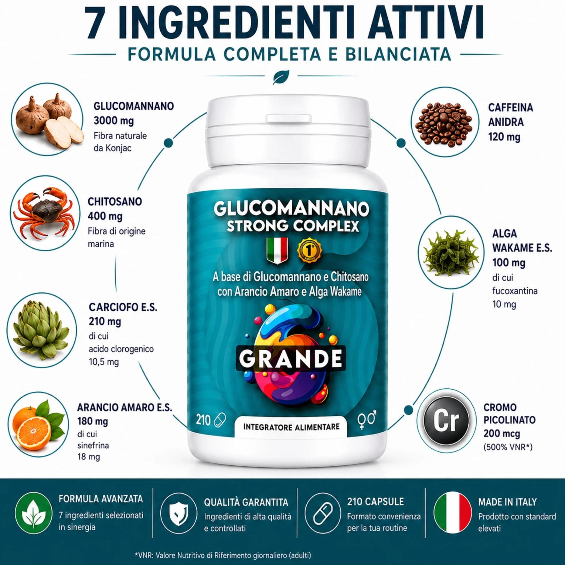 Glucomannano Forte 210 capsule 3000mg per dose giornaliera, alto dosaggio konjac fibra saziante