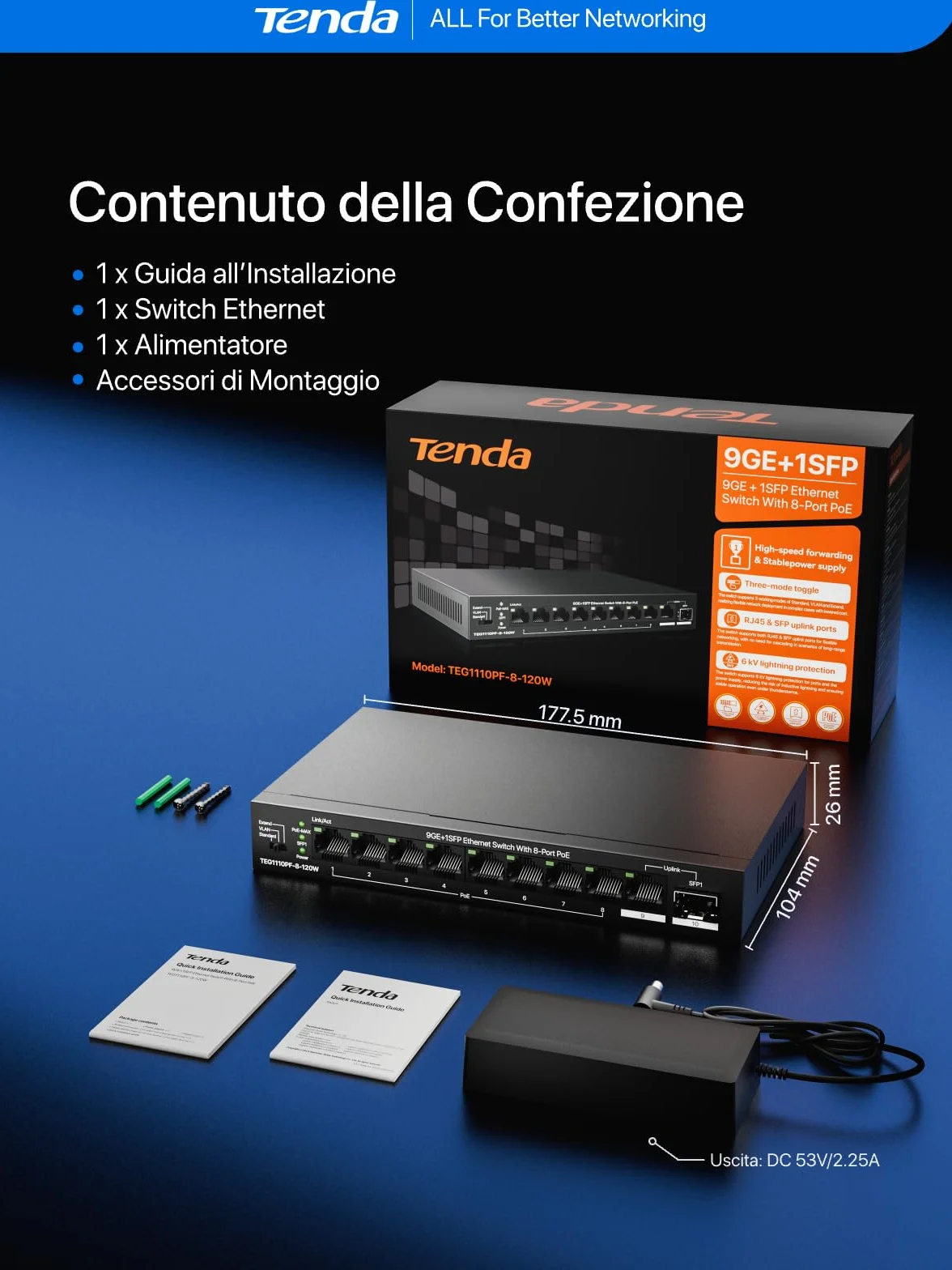 Tenda Switch PoE a 8 Porte PoE+, 1 Porta Uplink Gigabit, 1 Porta SFP, Budget da 110 W, IEEE 802.3af/at, VLAN, Portata PoE Fino a 250 m, senza Ventola, Chassis in Metallo (TEG1110PF-8-120W)