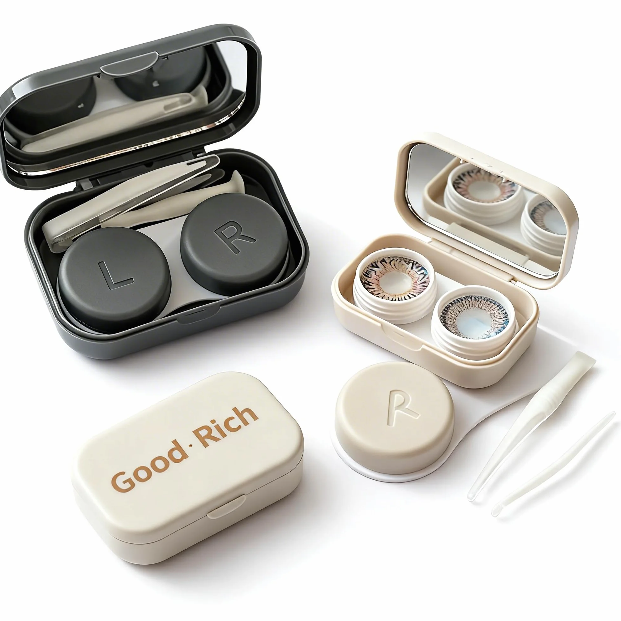 Set da 2 Porta Lenti a Contatto con Specchio Beige e Grigio – Kit da Viaggio Compatto con Pinzette e Ventosa