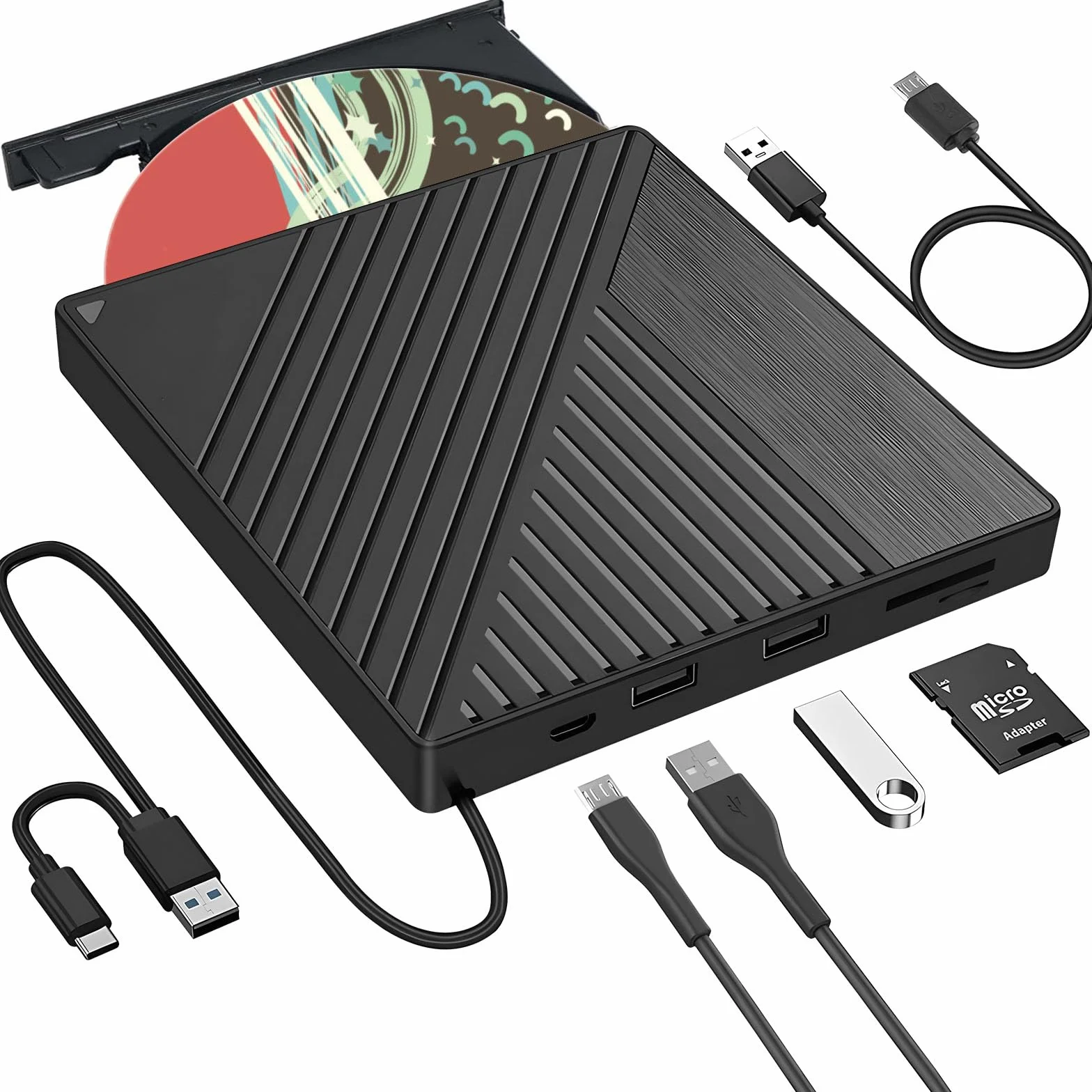 Masterizzatore DVD Esterno, lettore cd esterno per pc portatile, con lettore di schede SD/TFper PC, computer portatile, desktop, Windows 7/8.1/10, sistema operativo Linux