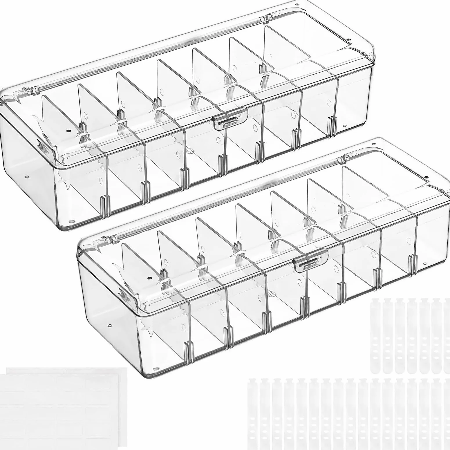 Scatola Organizer Cavi Dati Trasparente 2 Pezzi in Plastico | Etichette Adesive Incluse, 20 Fascette per Fissaggio, Formato Compatto per Gestione Ordinata