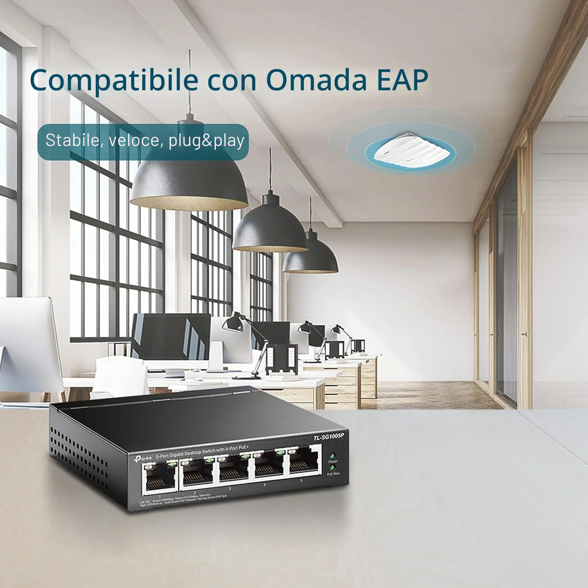 TP-Link TL-SG1005P Desktop Switch, 5 Porte Gigabit 10/100/1000 Mbit, 4 Porte PoE fino a 65W, ogni porta fino a 30 W, Protezione da Sovraccarico, Semplicità d'Uso