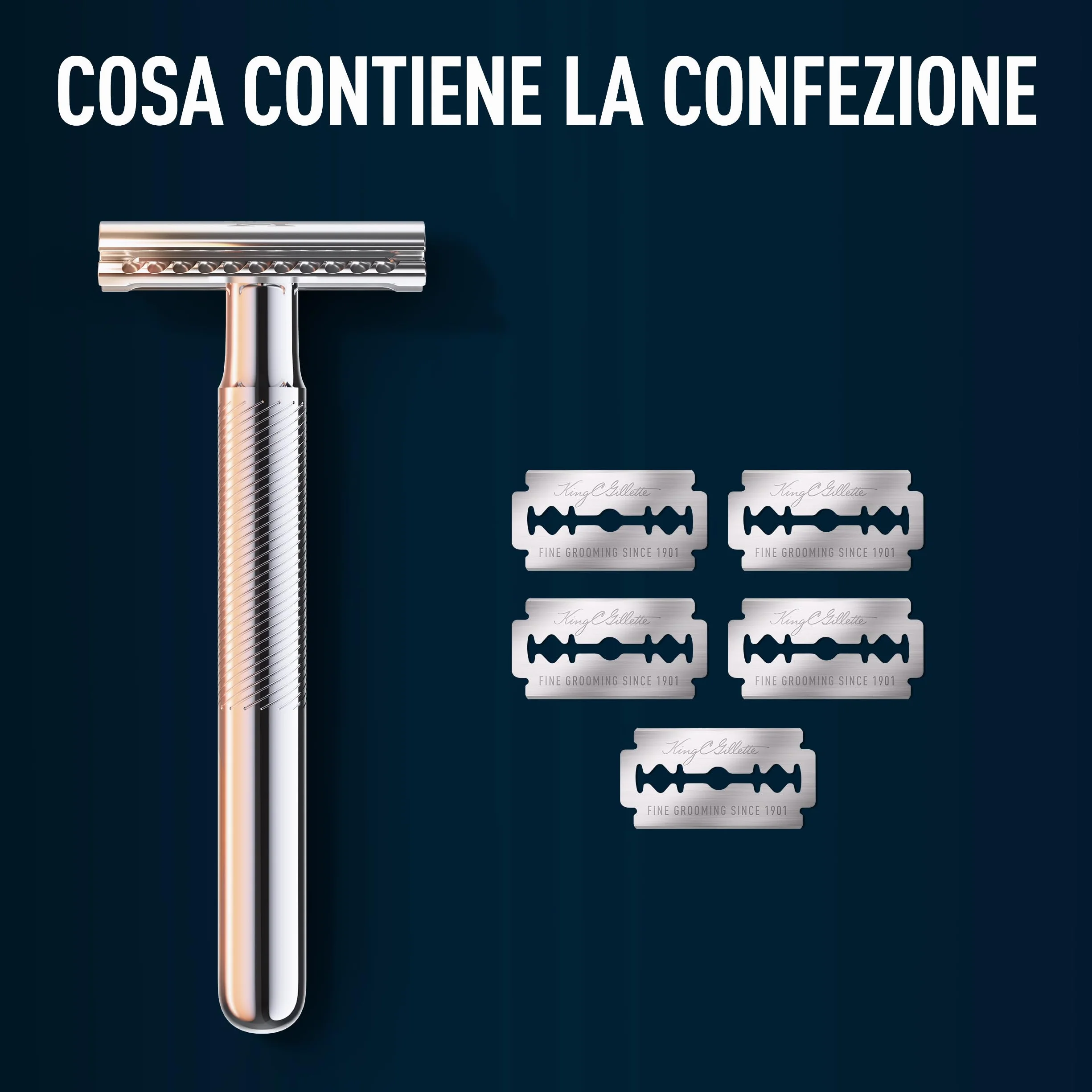King C. Gillette Rasoio di Sicurezza in Acciaio Inossidabile con 5 Lamette Rivestite di Platino