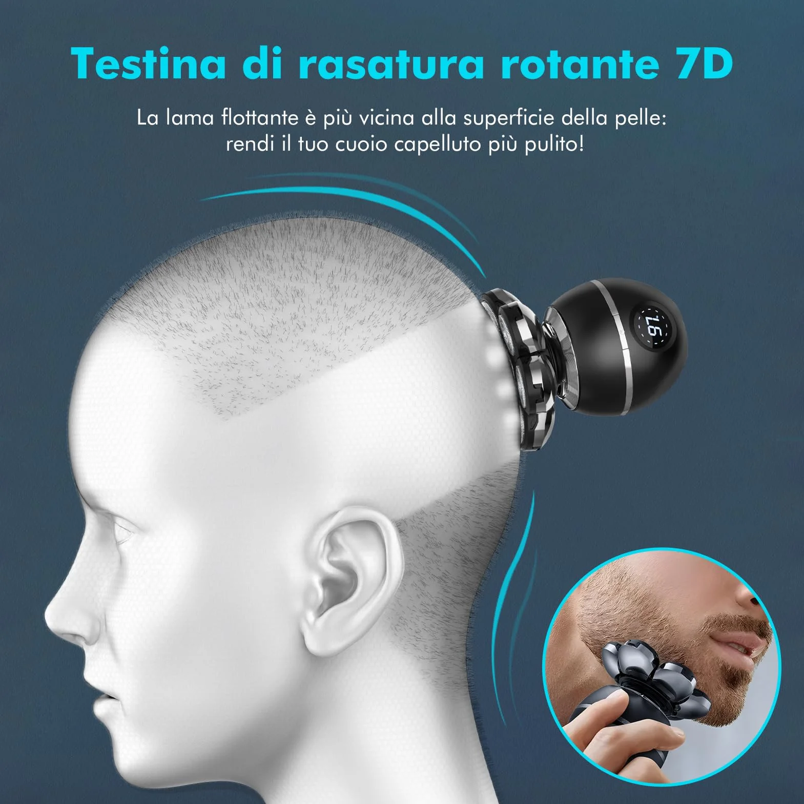 7D Rasoio Elettrico Barba Testa Calva Uomo IPX7 Impermeabile 6 in 1 con Display LED 9 Kit di Bellezza