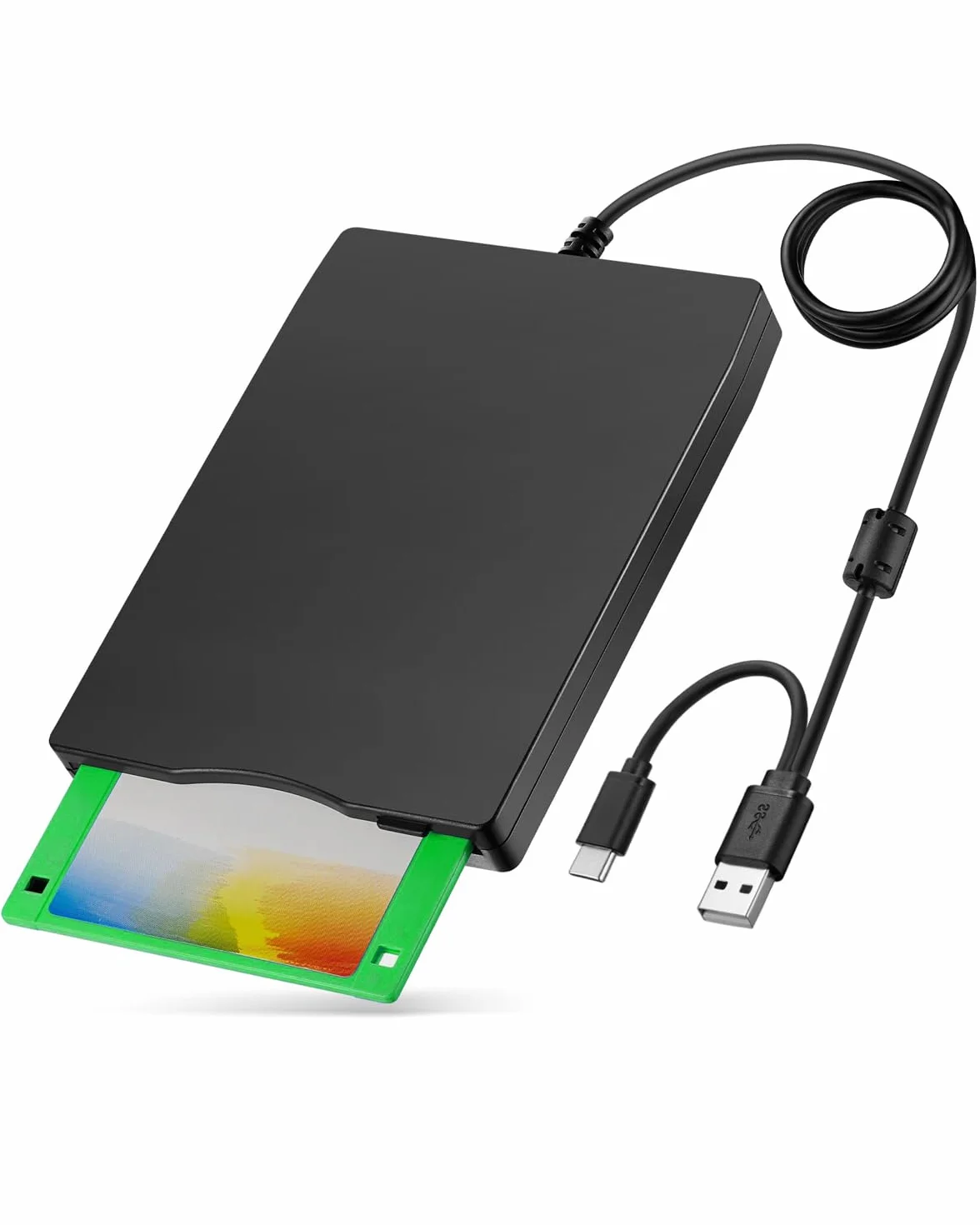 External USB Floppy Drive FDD 1.44MB 3.5inch - PC and MAC - Slimline Floppy Disk Drive External - Portable - Plug and Play - Black - XP/WIN7/WIN11 Capable
