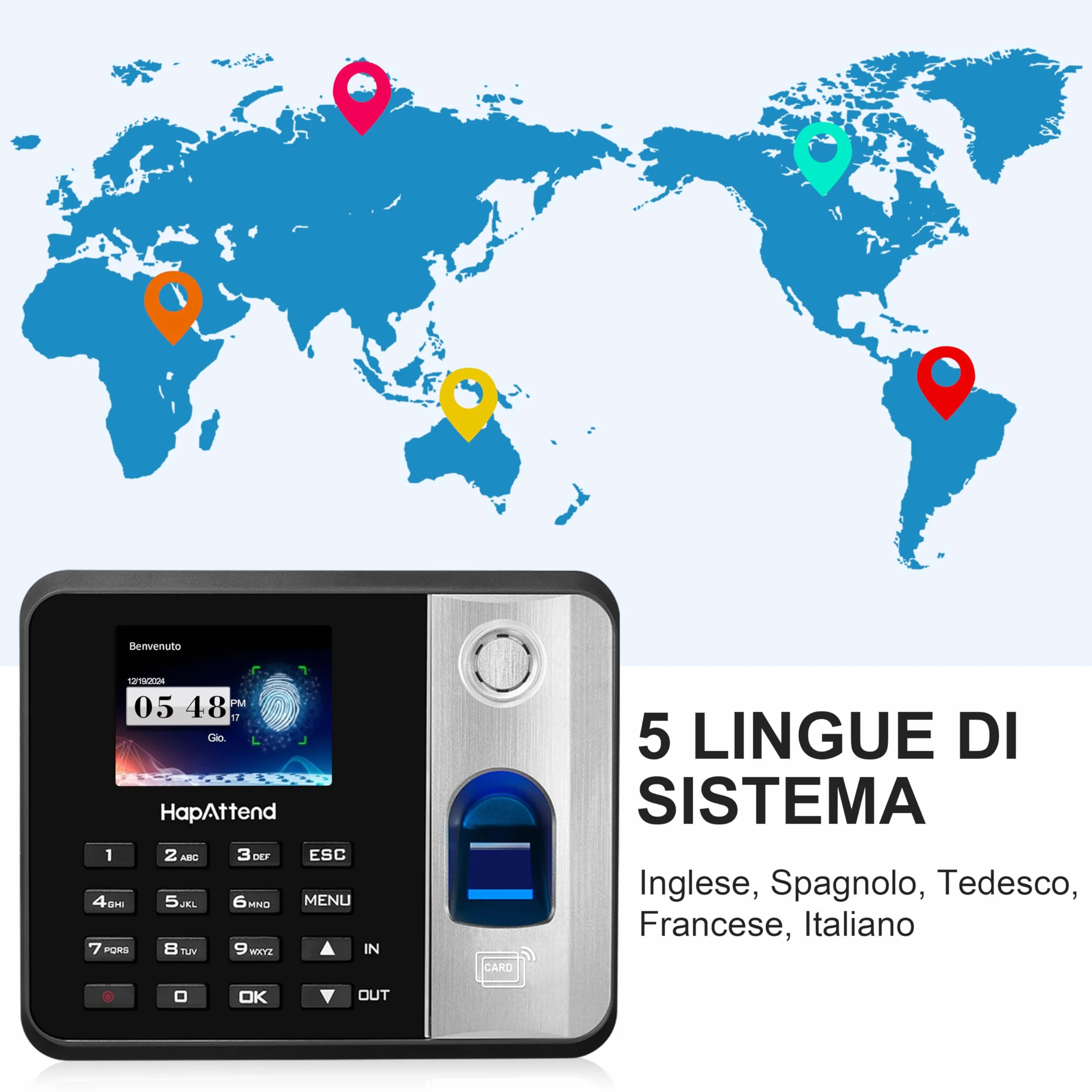 Rilevatore presenze HapAttend H1 con impronte digitali e RFID, timbratrice per dipendenti