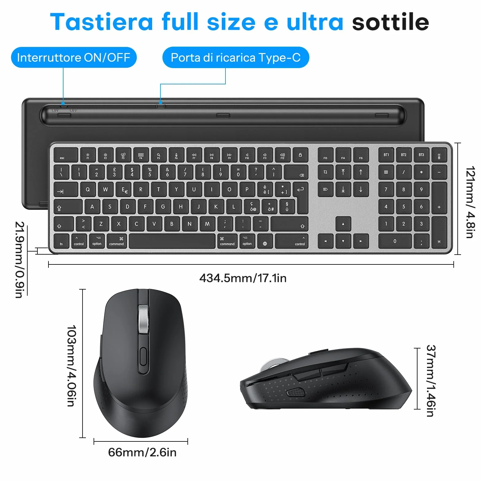 OMOTON Kit Tastiera e Mouse Bluetooth per Mac, Nuovo Tastiera e Mouse Ricaricabile Bluetooth BT1/BT2/BT3 Multidispositivo per MacBook Pro/Air, Mac Mini iMac, iMac Pro, Layout Italiano QWERTY, Grigio