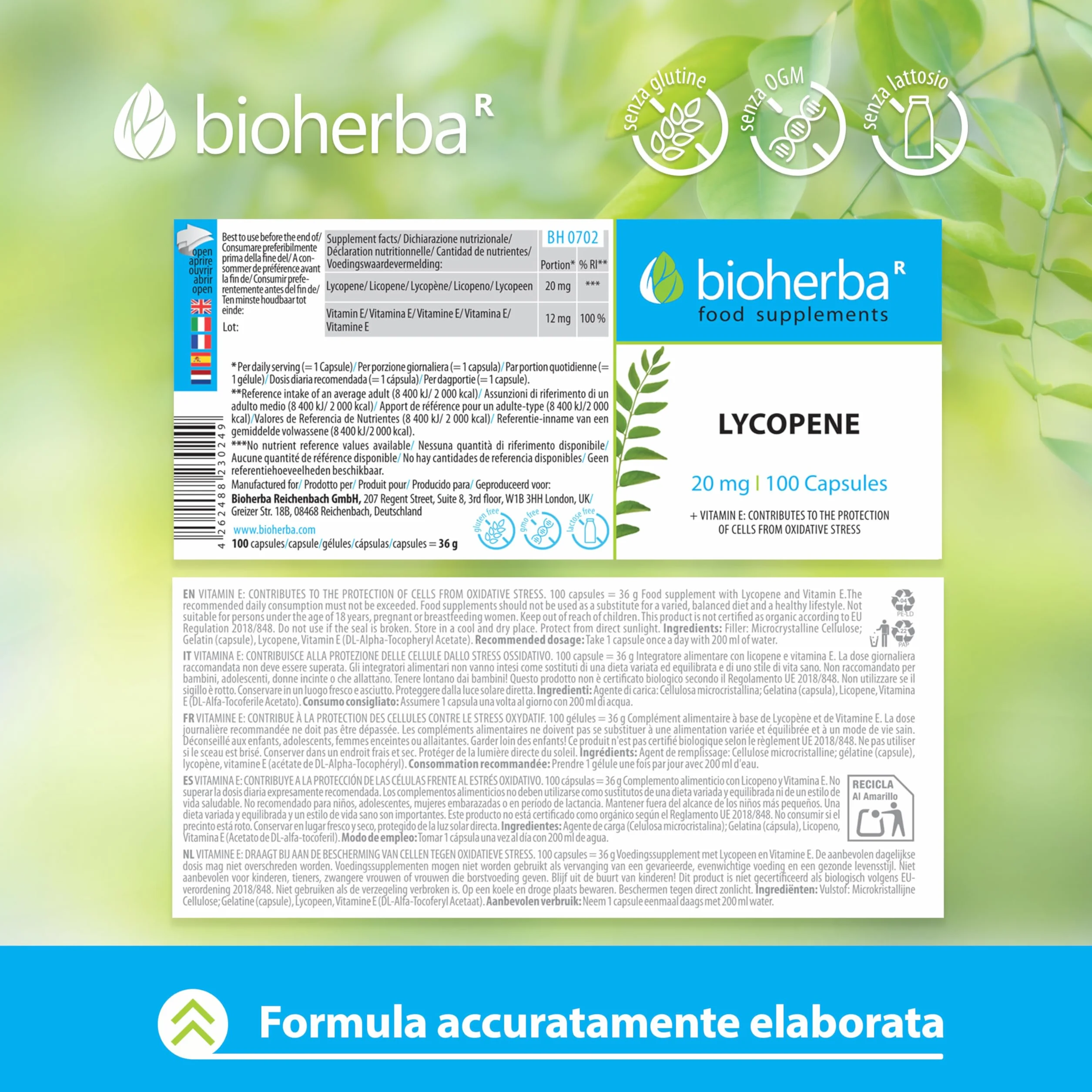 Lycopene Capsule 100 con 20 mg di Licopene e Vitamina E da Estratto di Pomodoro BIOHERBA