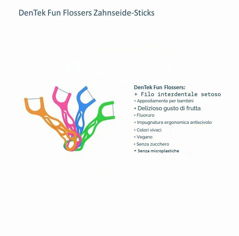 Dentek Fun Flossers Kids Bastoncini di filo interdentale per bambini con sapore di frutta 3 x 40 pezzi