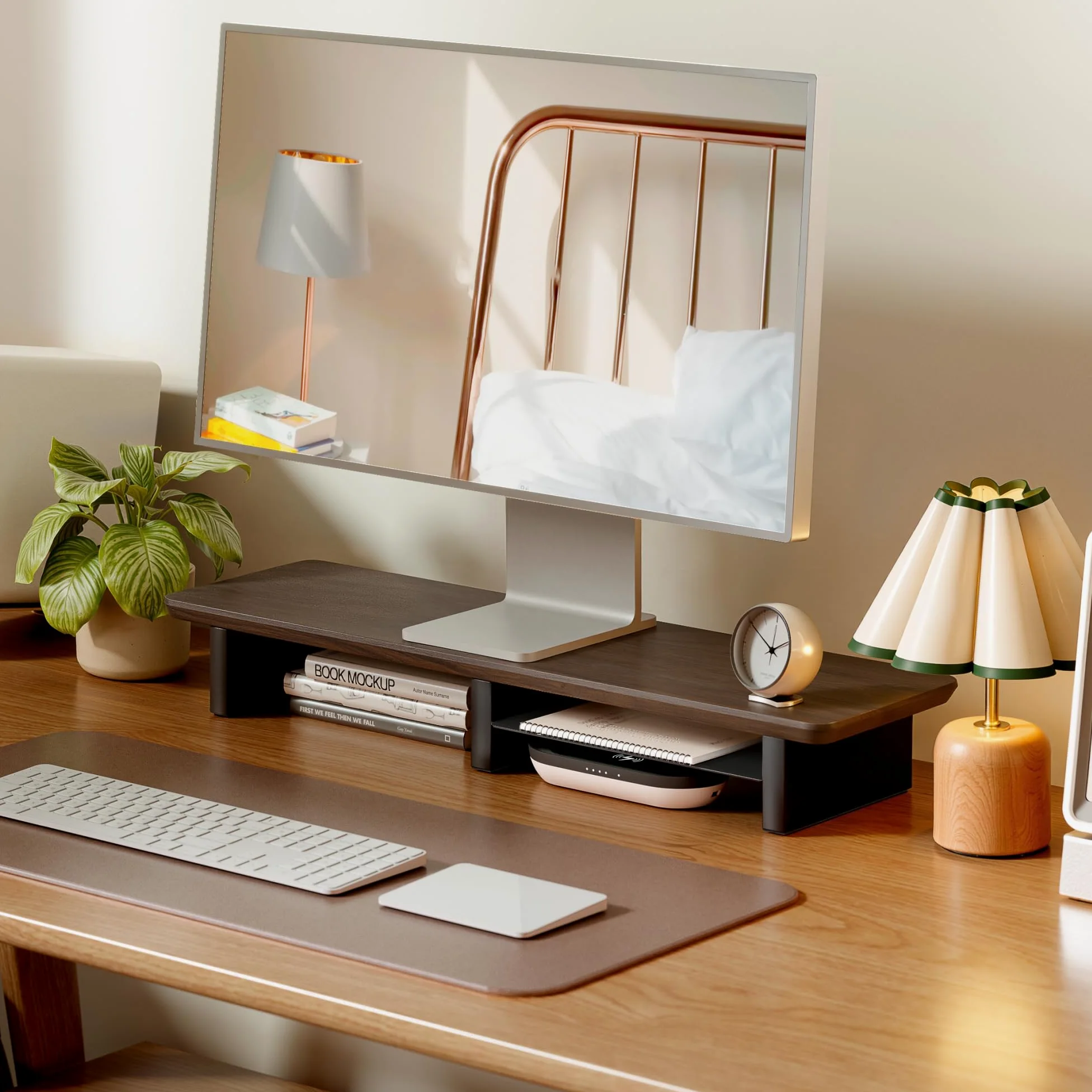 PEGZONE Rialzo per doppio monitor con ripiano in metallo integrato, grande ripiano da scrivania in legno di noce per 2 monitor/TV, ampio supporto per monitor lungo per scrivania, supporto per monitor