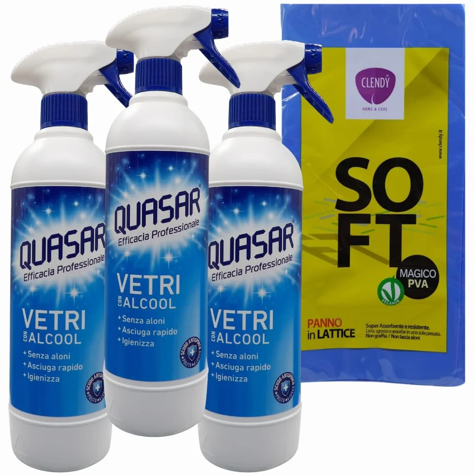 Quasar VETRI CON ALCOOL 580ml Non Lascia Aloni Asciuga Rapidamente Igienizza Panno In Lattice SOFT 30x30