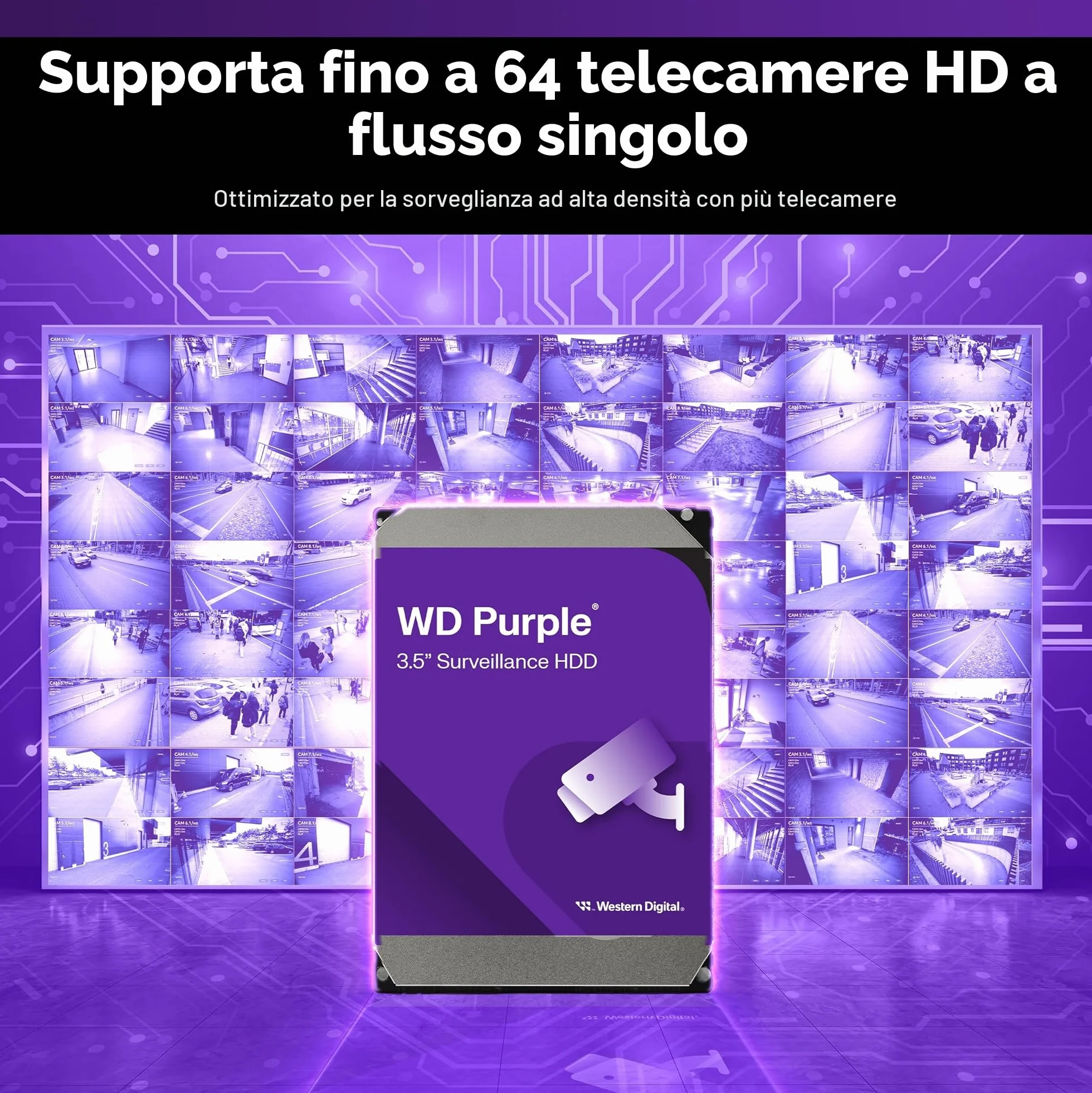 WD Purple 2TB per Videosorveglianza, Hard Disk Interno 3,5” - Tecnologia AllFrame, SATA 6 Gbit/s, 180TB/anno, Cache da 64 MB